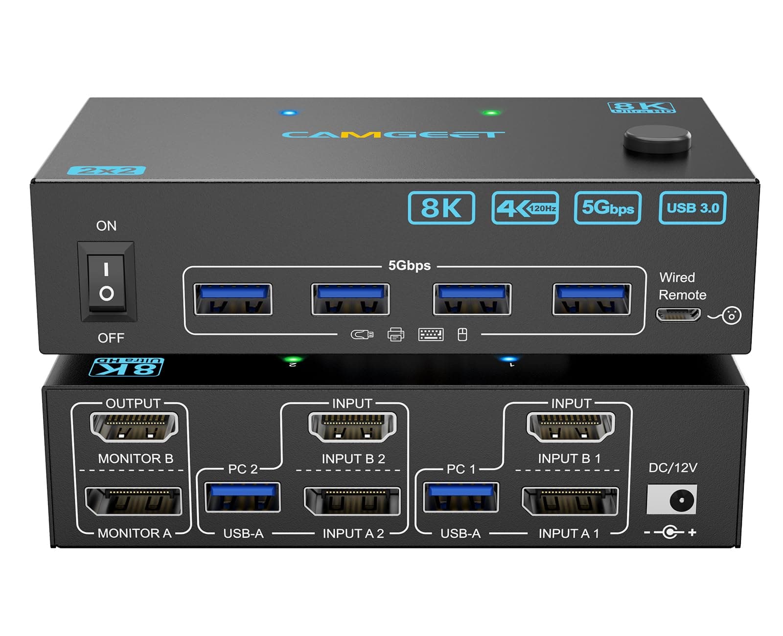 4K@144Hz KVM Switch 2 Monitors 2 Computers 8K@60Hz,Camgeet HDMI and Displayport Dual Monitor KVM Switch with 4 USB 3.0 Port for Keyboard Mouse Printer,Wired Remote,Power Adapter and USB Cable Included