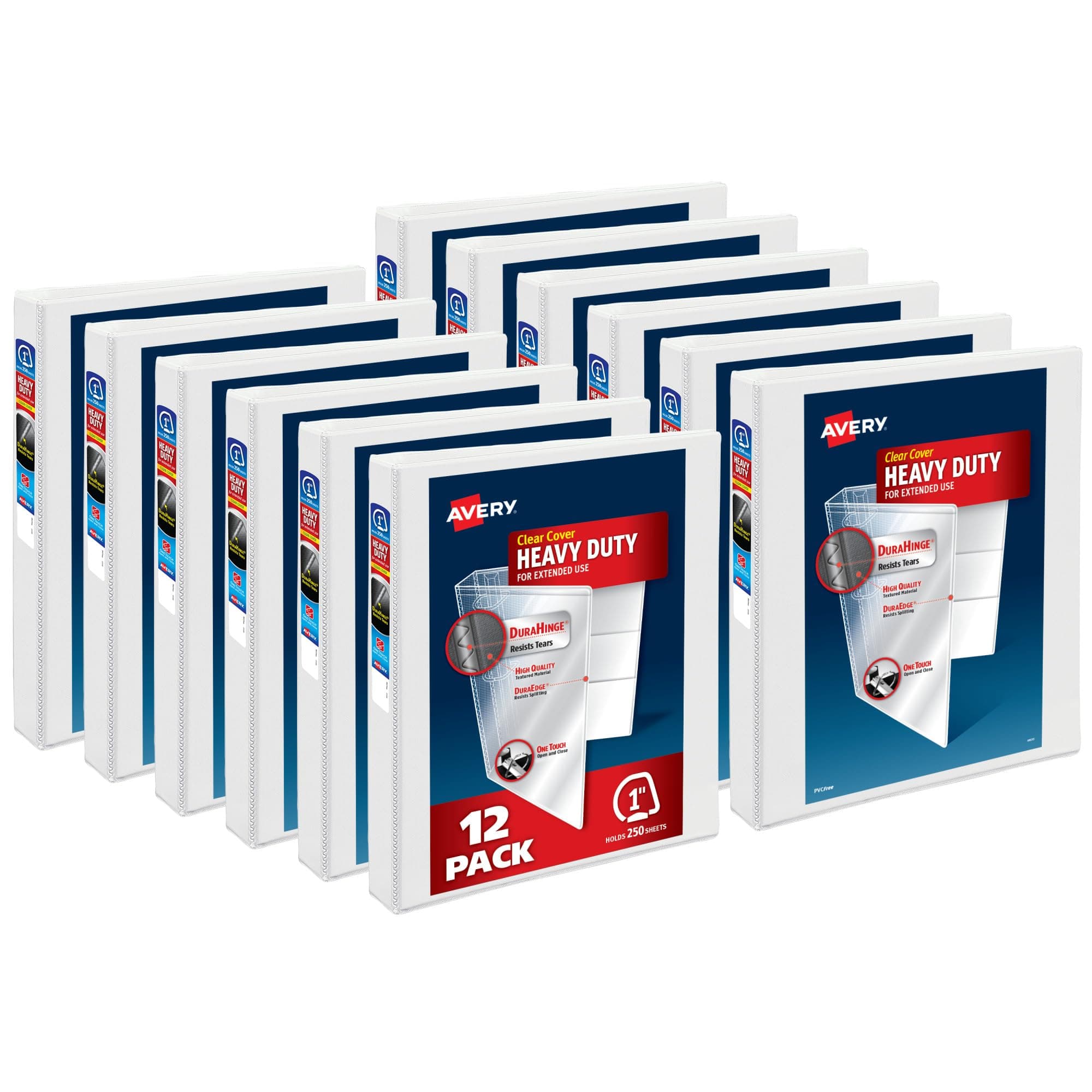 Avery Heavy Duty View 3 Ring Binder, 1" One Touch Slant Ring, Holds 8.5" x 11" Paper, 12 White Binders (79799)