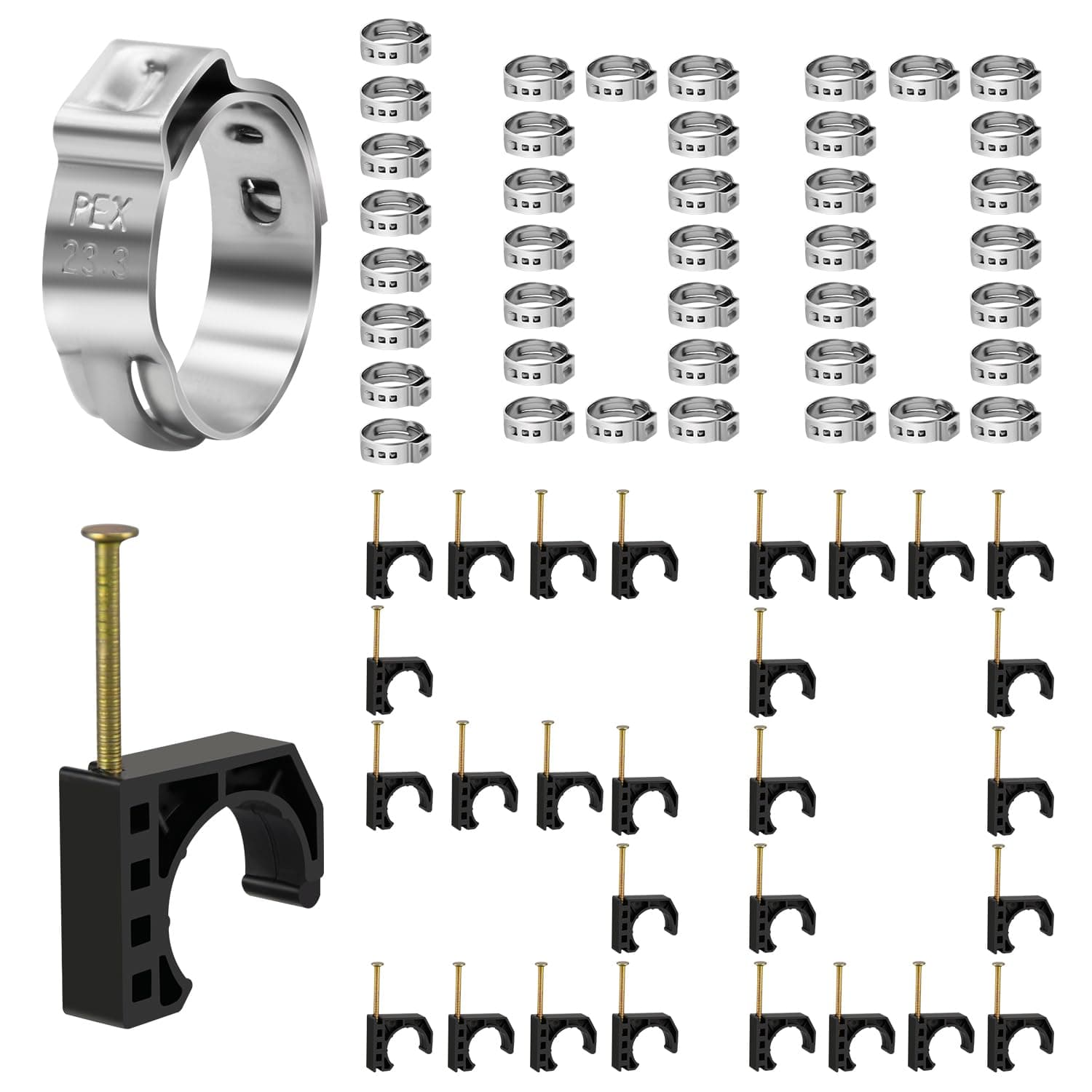 150pcs 3/4" Half Clamps J-Hook with Nails Set, 50pcs Half Clamps J-Hook+100pcs 3/4" PEX Clamps, for PEX, Copper, CPVC Tubing Connections