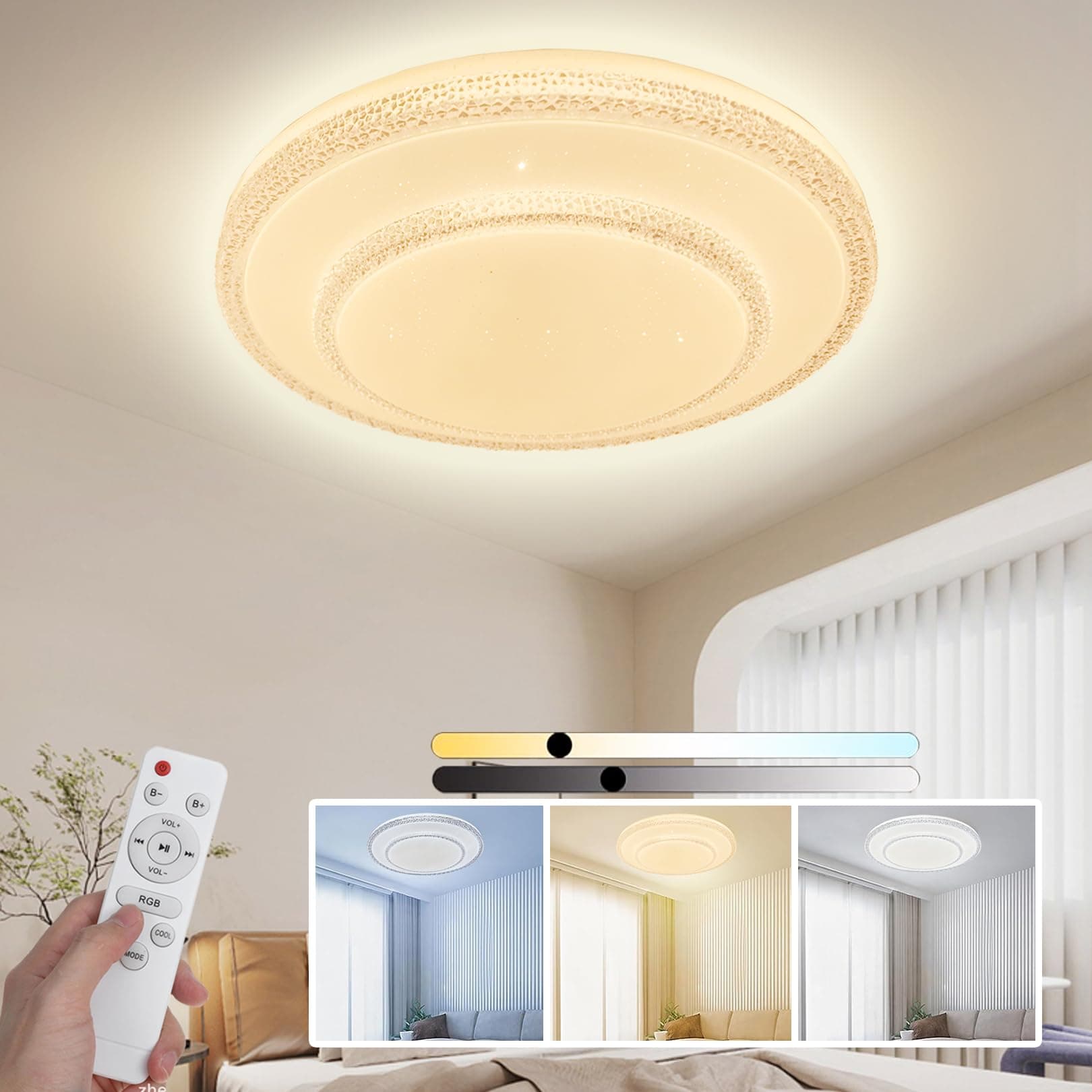BOYKIM LED Ceiling Light,48W Flush Mount Ceiling Light with Remote Control Dimmable 3 Colors Round Double Layers Light Fixture for Living Room,Bedroom,Kitchen,Dining Room