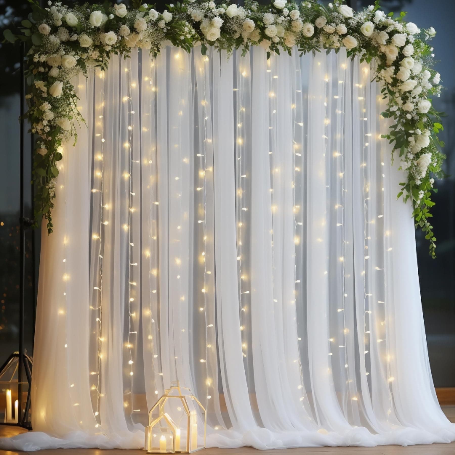 10x10ft White Tulle Backdrop Curtain with Light String for Parites Sheer Backdrop Curtain for Wedding Baby Shower Birthday Party Photography Decoration