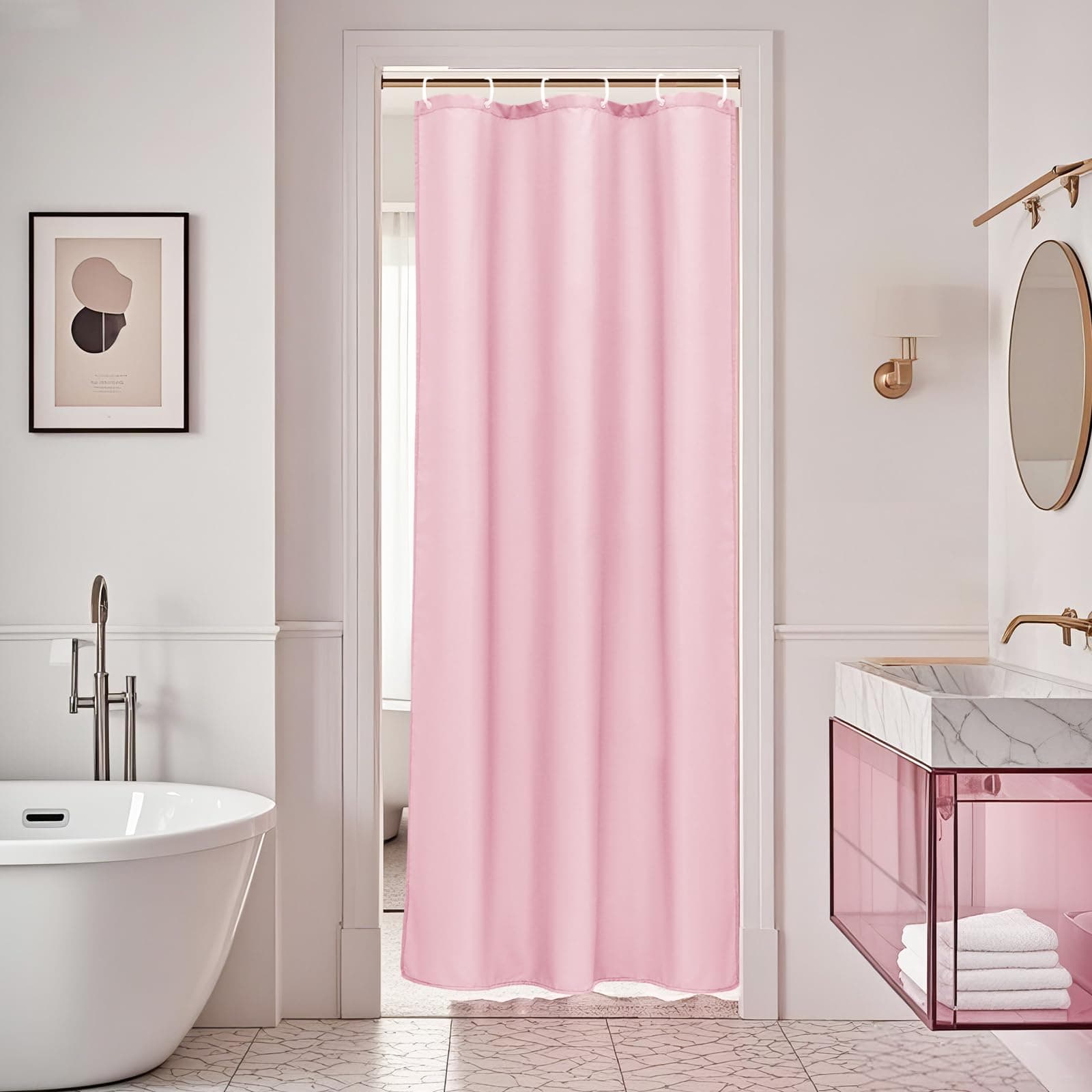 36x72 inch Stall Shower Curtain Liner, Polyester Classic Solid Color Shower Curtain with Hooks, Weighted Hem, Waterproof, Pink