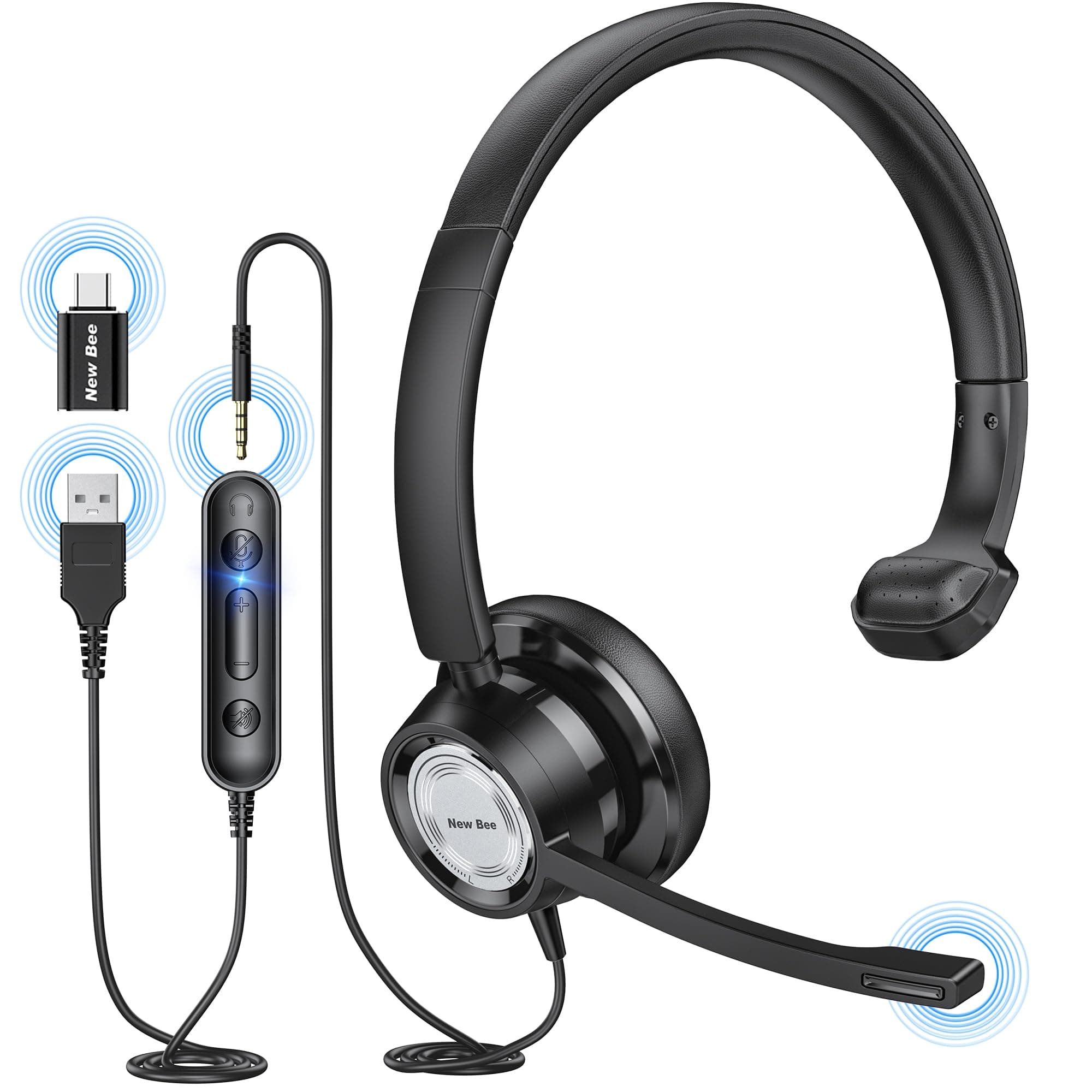 New bee USB Headset with Microphone for PC Computer Headset, Single Ear Noise Cancelling Mic, Call Center Wired Headphone with 3.5 mm/USB/Type C for Skype Zoom Tablet Laptop