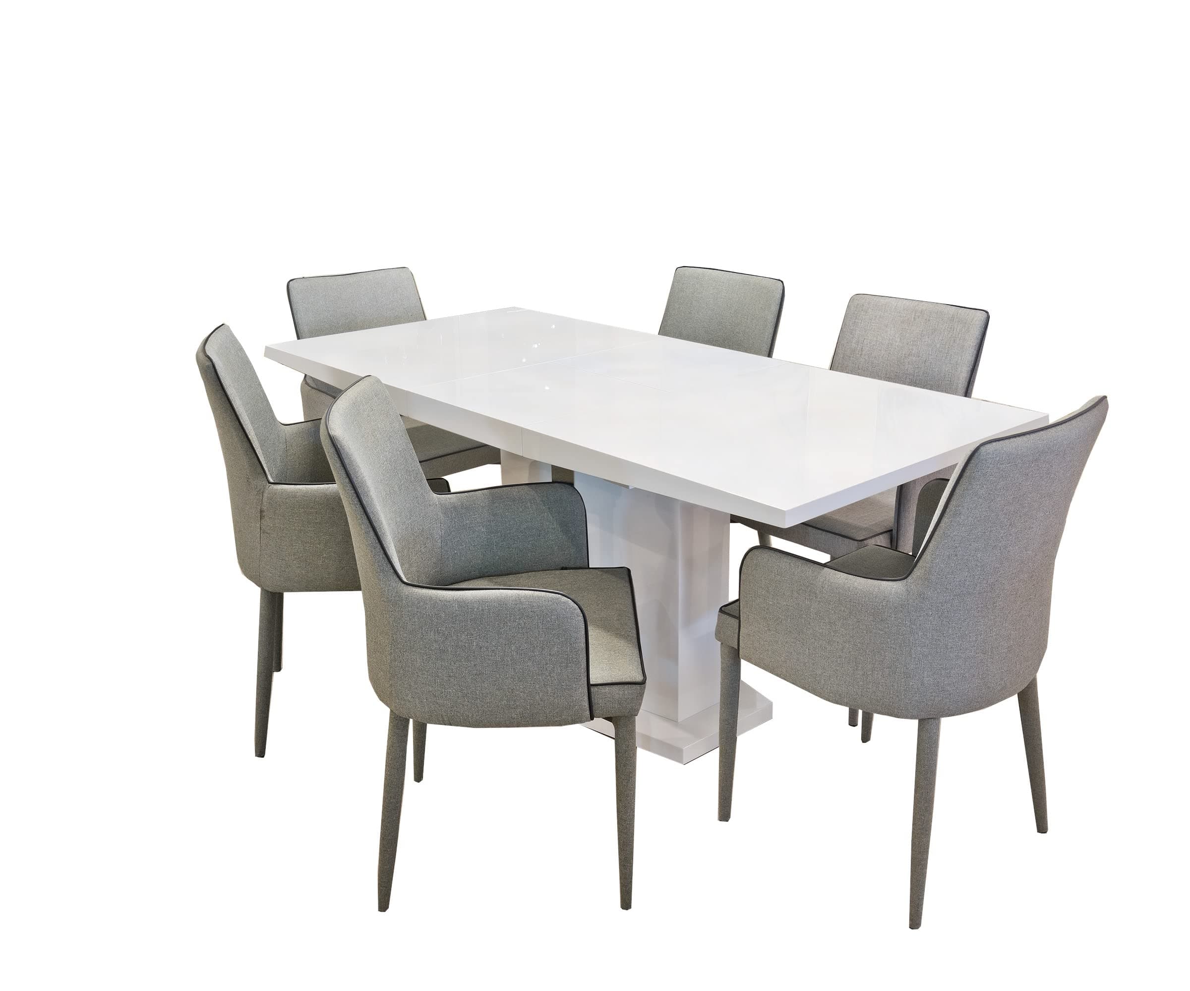 EXCLUSIVE High Gloss Extending Dining Table with Six Light Duncan Carver Chairs, White/Grey, 130-170cm