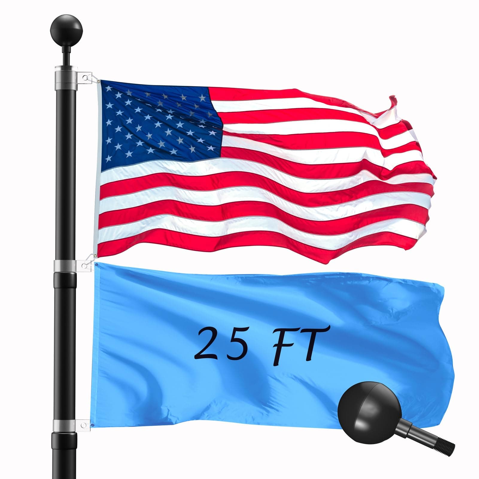 25FT Telescopic Flag Pole Kit: Extra Thick Telescoping Flag Poles, Black Heavy Duty Flag Poles for Outside House Inground with 3x5 American Flag