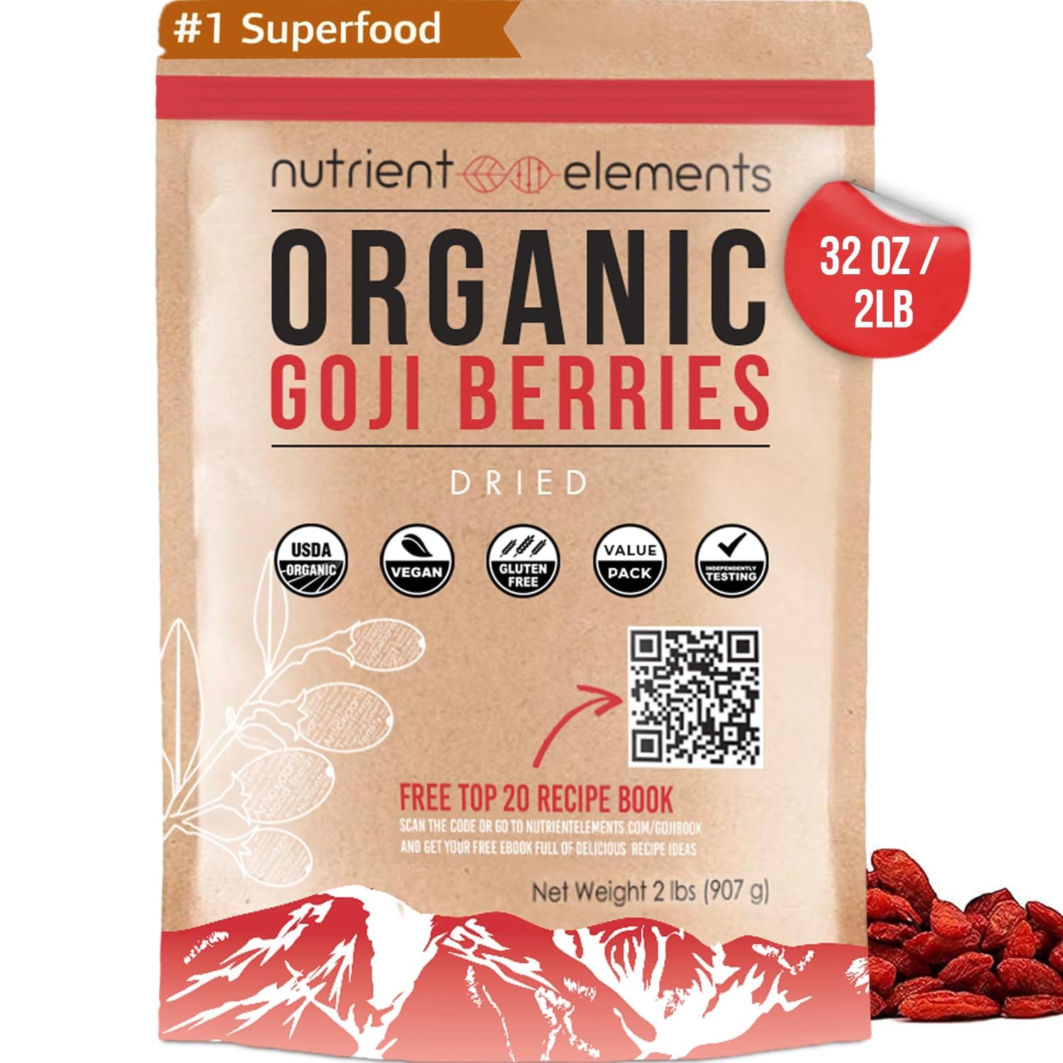 Nutrient Elements 2lbs Organic Raw Dried Goji Berries - USDA Certified, Non GMO, Large Berries with Recipes E-Book -