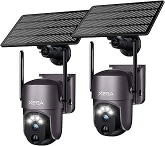Xega 2 Pack Security Camera Wireless Outdoor 2K 360° PTZ Camera Solar Security Cameras 2.4G WiFi Video Surveillance w/Spotlight & Siren, Color Night Vision, AI Motion Detection, 2-Way Talk, IP66