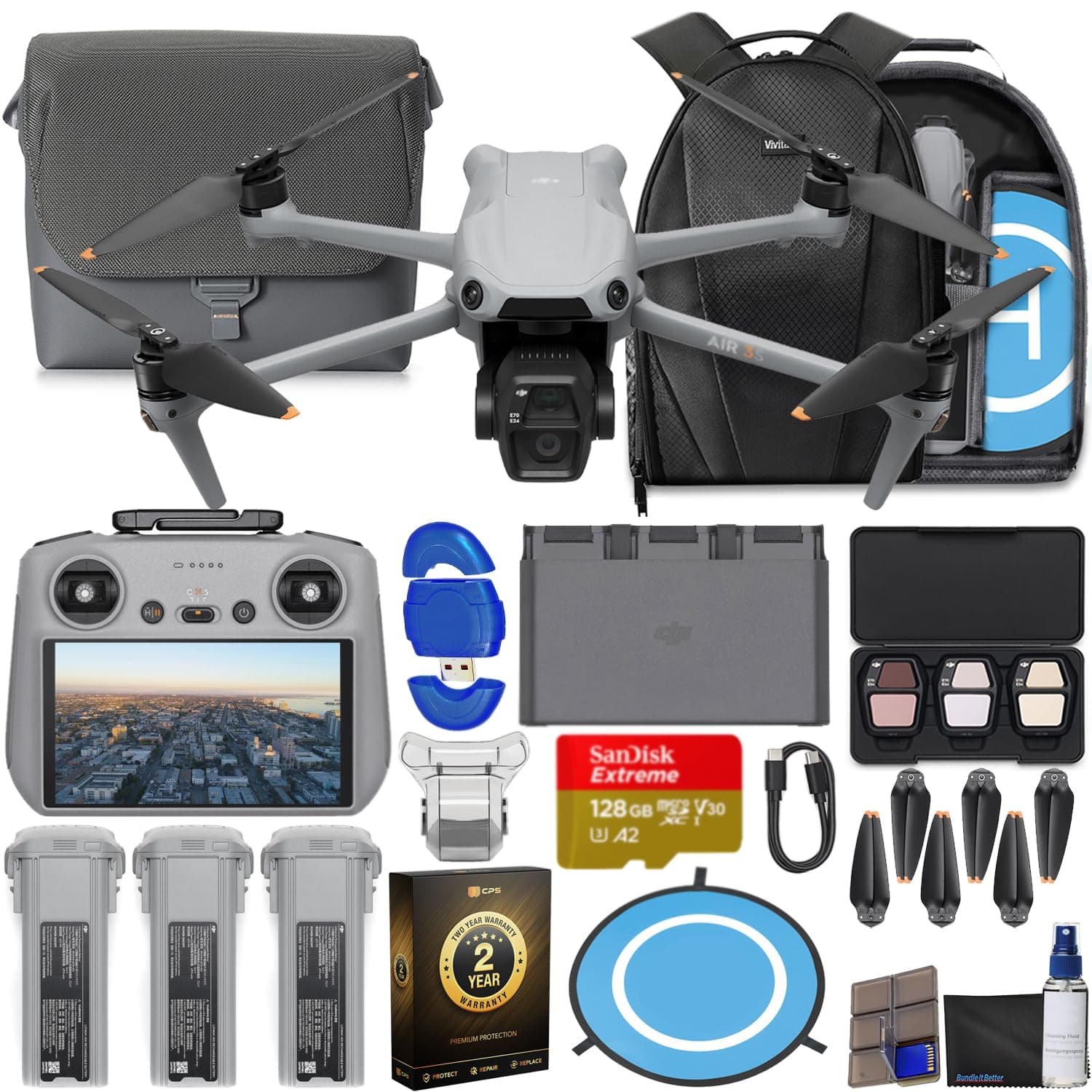 Air 3S Drone with RC 2 Fly More Combo (with Screen) 4K HDR, 45-Min Max Flight Time Bundle with 128GB Memory, Landing Pad, Backpack, CPS 2 Year Warranty, Lens Cleaning Kit and More