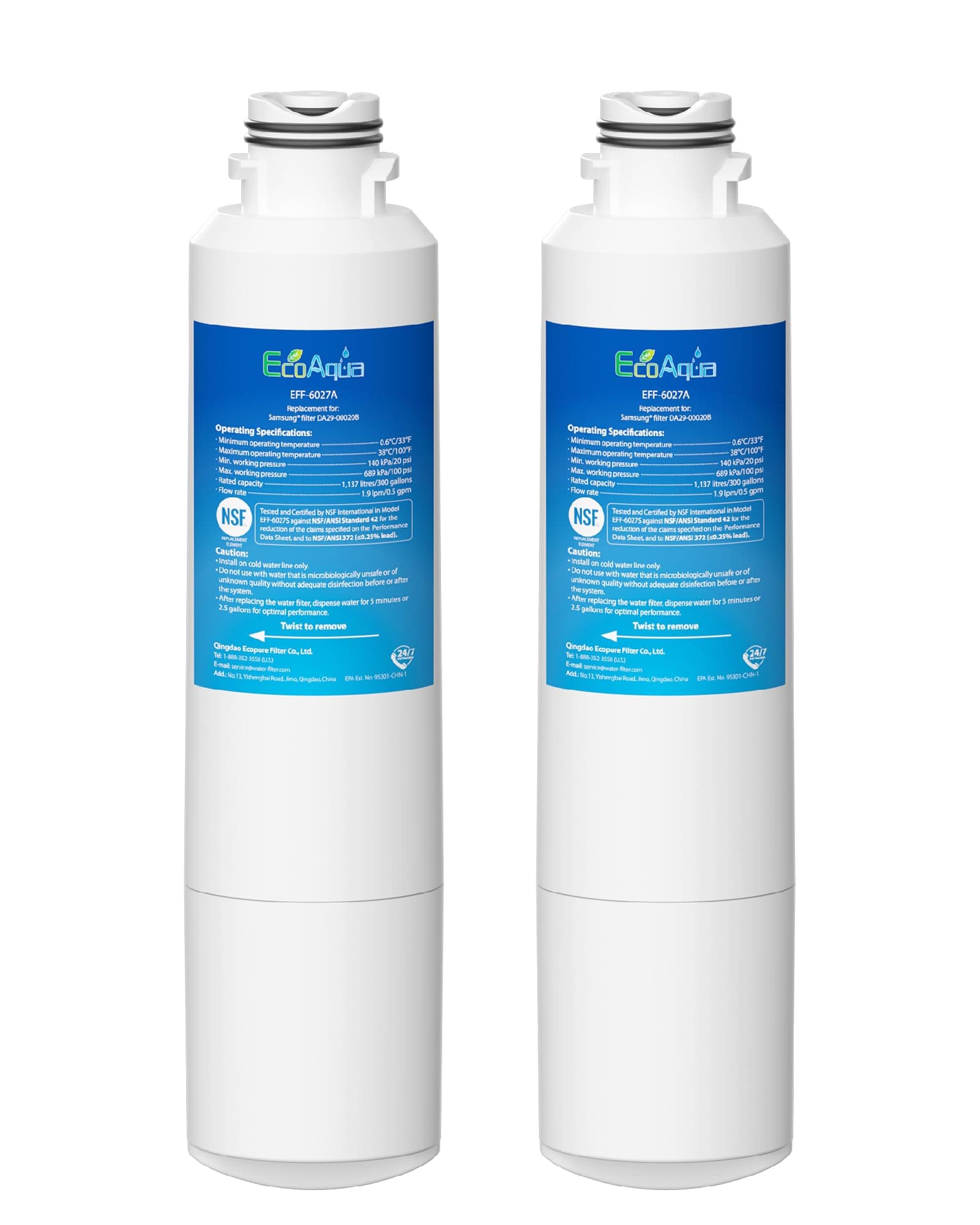 EcoAqua EFF-6027A Replacement Filter, Replacement for Samsung DA29-00020B, DA29-00020A, HAF-CIN/EXP, 46-9101 Refrigerator Water Filter, 2 Pack