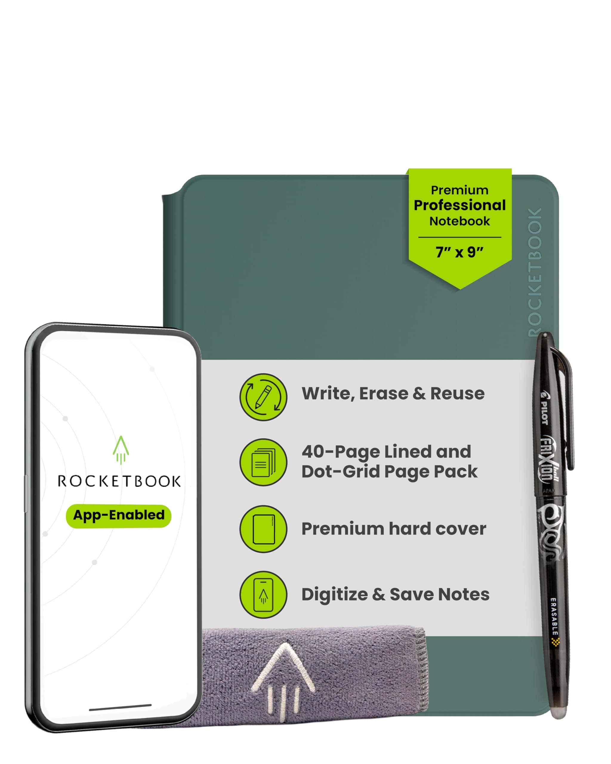 PRO 2.0 Reusable Digital Notebook - Smart Notepad A5 Green, Wirebound Note Book To Do List Pad, Dotted and Lined Paper with Frixion Erasable Pen and Wipe, Office Gadget App