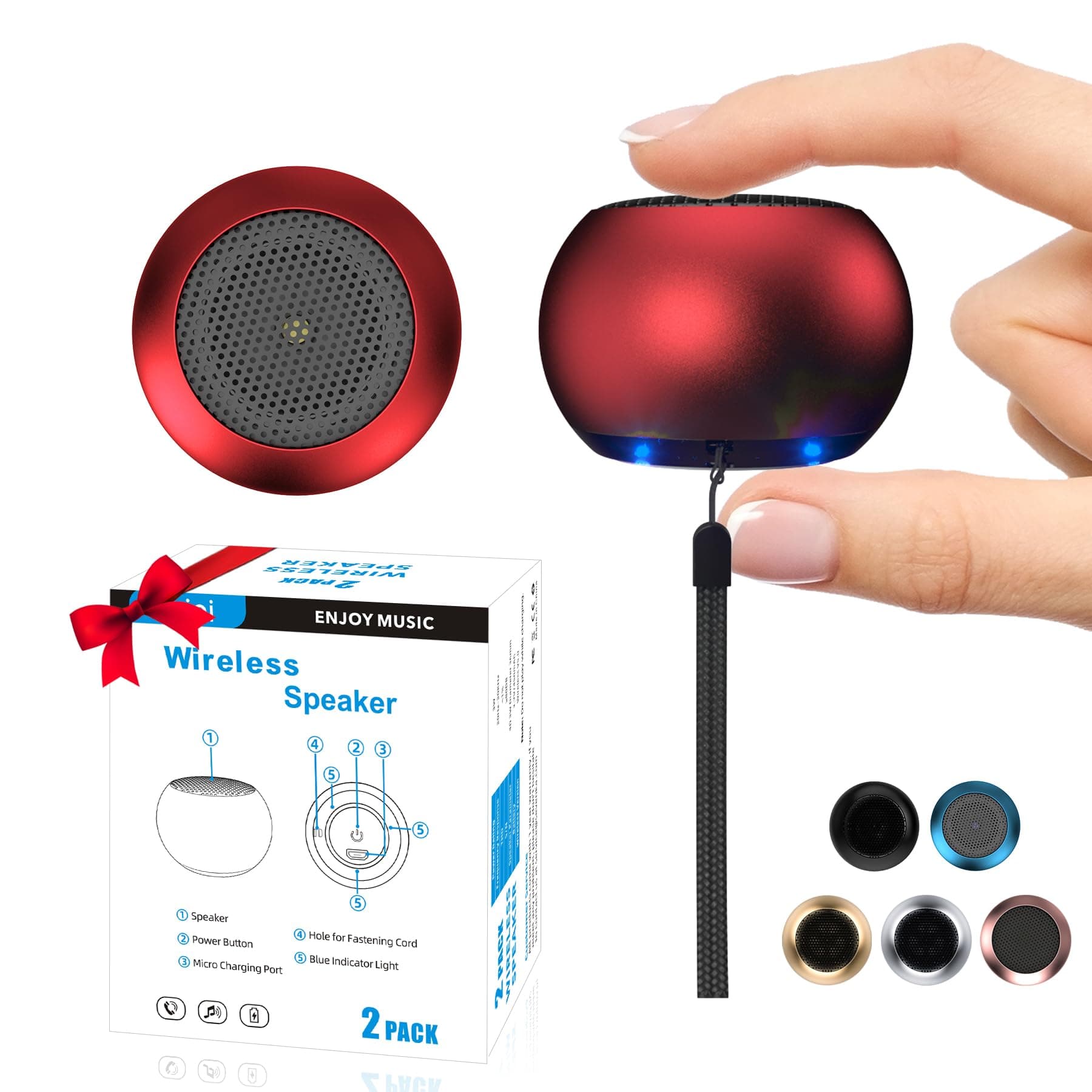 2Pack Portable Mini Speakers, Bluetooth Tiny Speaker,Wireless Micro Speaker for Phone/PC/Tablet, Rechargeable Battery, Built-in Microphone, Cute Mini Speakers with Strap to Carry, Red