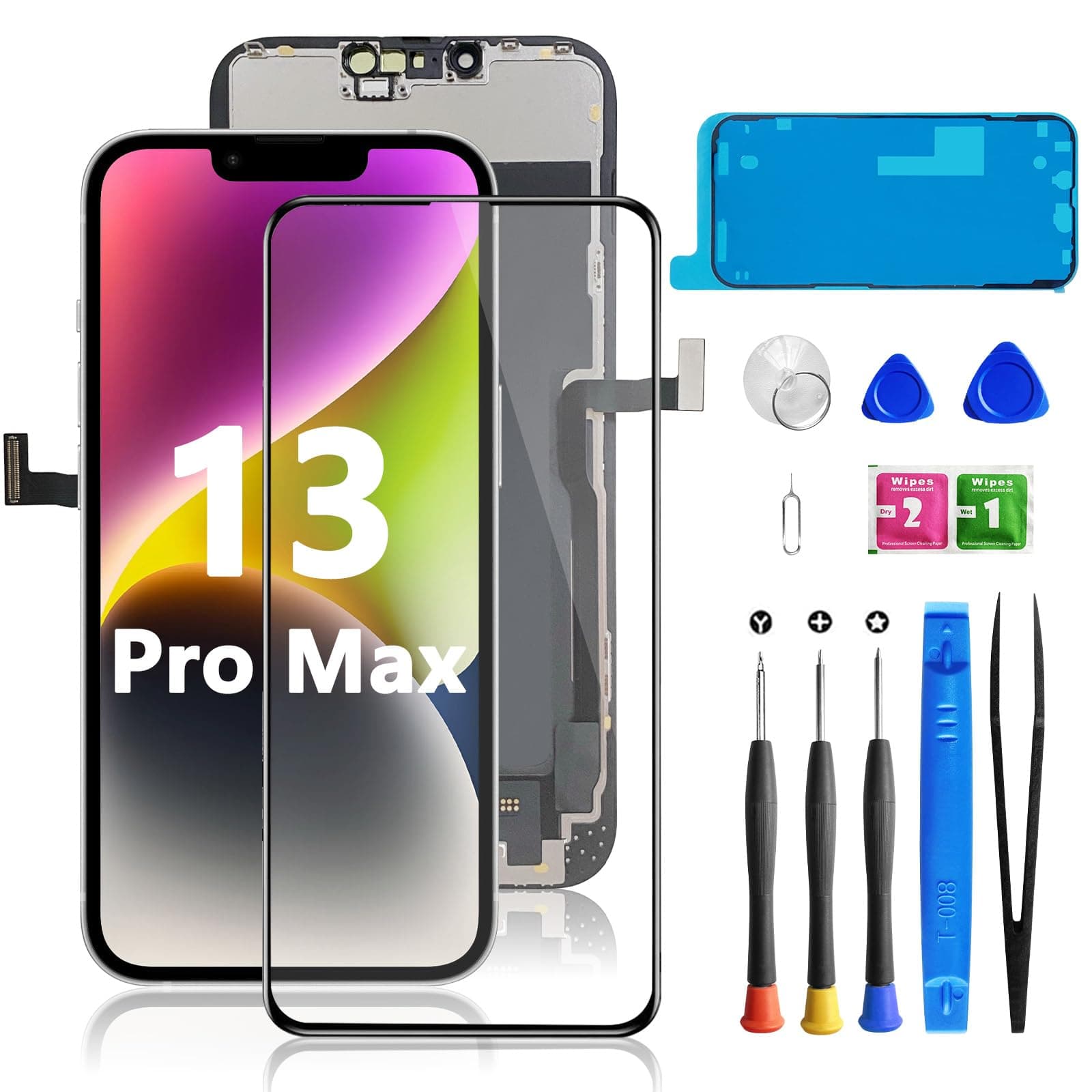 for iPhone 13 Pro Max Screen Replacement 6.7 Inch, 3D Touch LCD Screen Digitizer for A2484, A2641, A2644, A2645, A2643 with Repair Tools Kit+Screen Protector+Waterproof Frame Adhesive