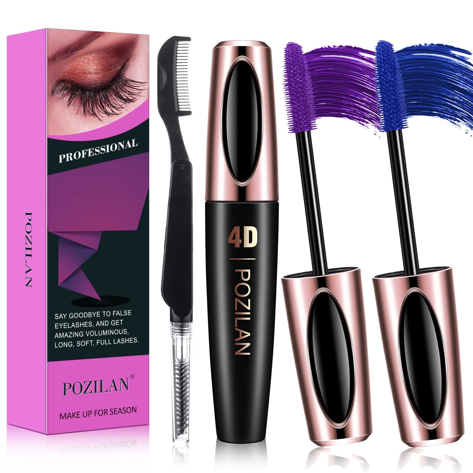 2 Pack Waterproof Colored Mascara set Pruple Blue with Folding Eyelash Comb Brush - Lengthening, Volumizing, Long-Lasting, Natural Eye Makeup