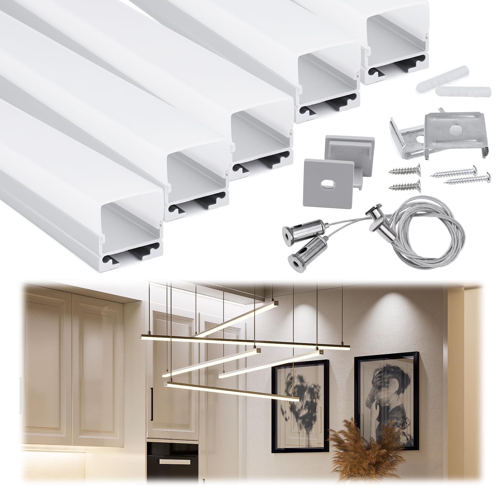Muzata 5Pack 3.3FT/1M Spotless LED Channel with Hanging Wire No Hot Spots Silver Aluminum LED Strip Diffuser Channel with Milky White Cover U116 WW 1M
