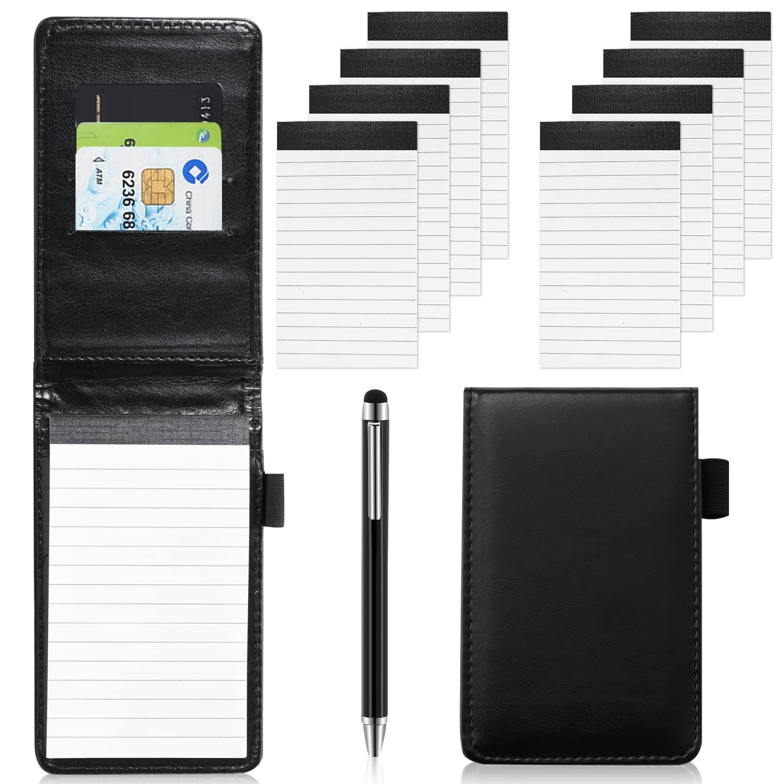 10Pcs Mini Pocket Notepad Holder Set,Durable Cover,Refillable,Leather Pocket Notebook with Pen,8Pcs 3"x5" Memo Book Refills with 30 Lined Paper Per Note Pad,Leather Notepad Pocket Business Notebook