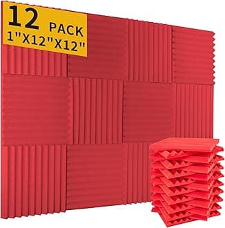 Acoustic Foam Panels 12 Pack – 1" x 12"x 12" Red High Density Soundproofing Wedges for Wall, Noise Absorbing and Sound-Damping, Quick-Recovery, Fire-Resistant – Perfect for Studio, Gaming Room
