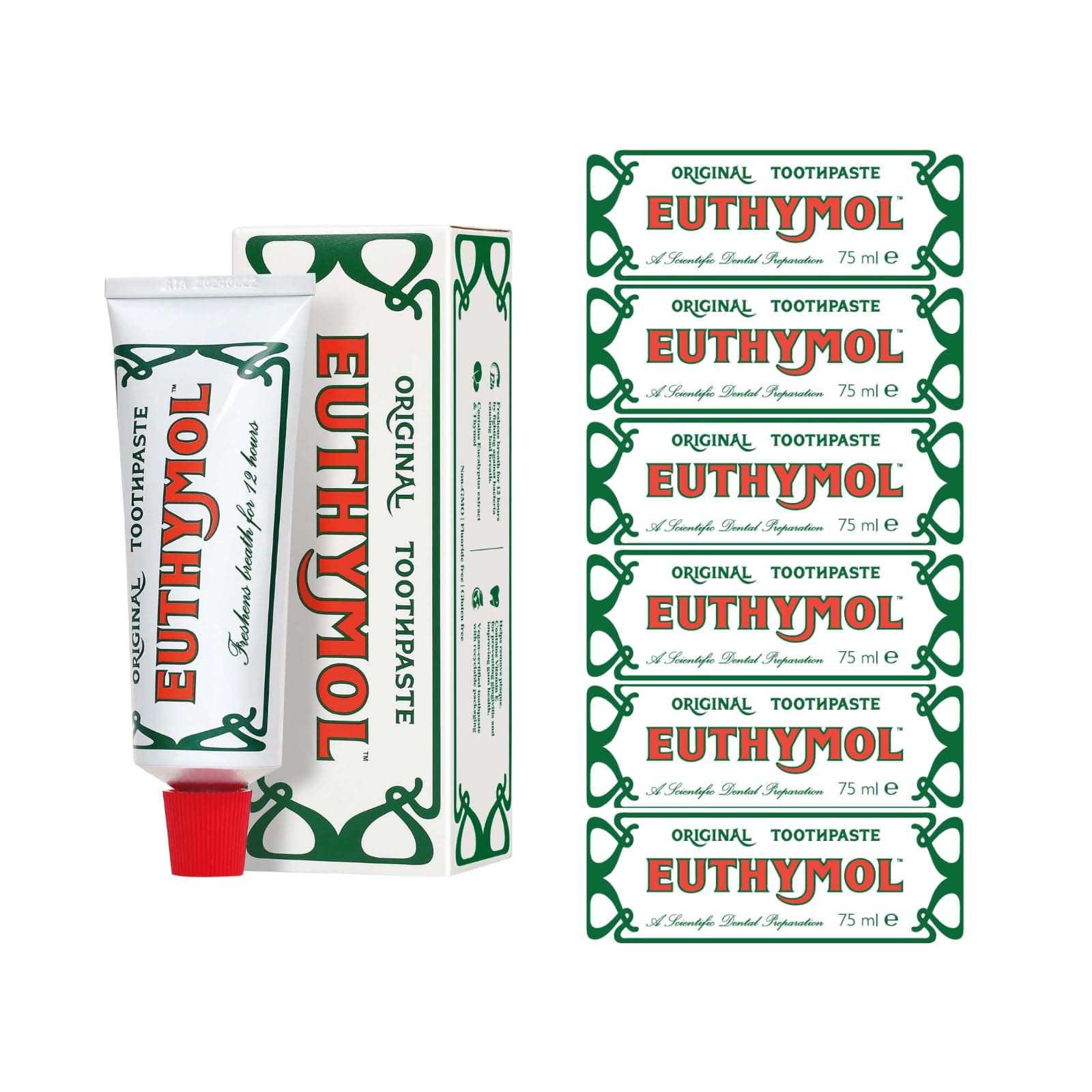 Euthymol Original Toothpaste 75ml x 6, Fluoride Free Anti-Plaque Antibacterial Cavity Teeth Gums Clean Healthy Protection Refresh Daily Oral Enamel Dental Care