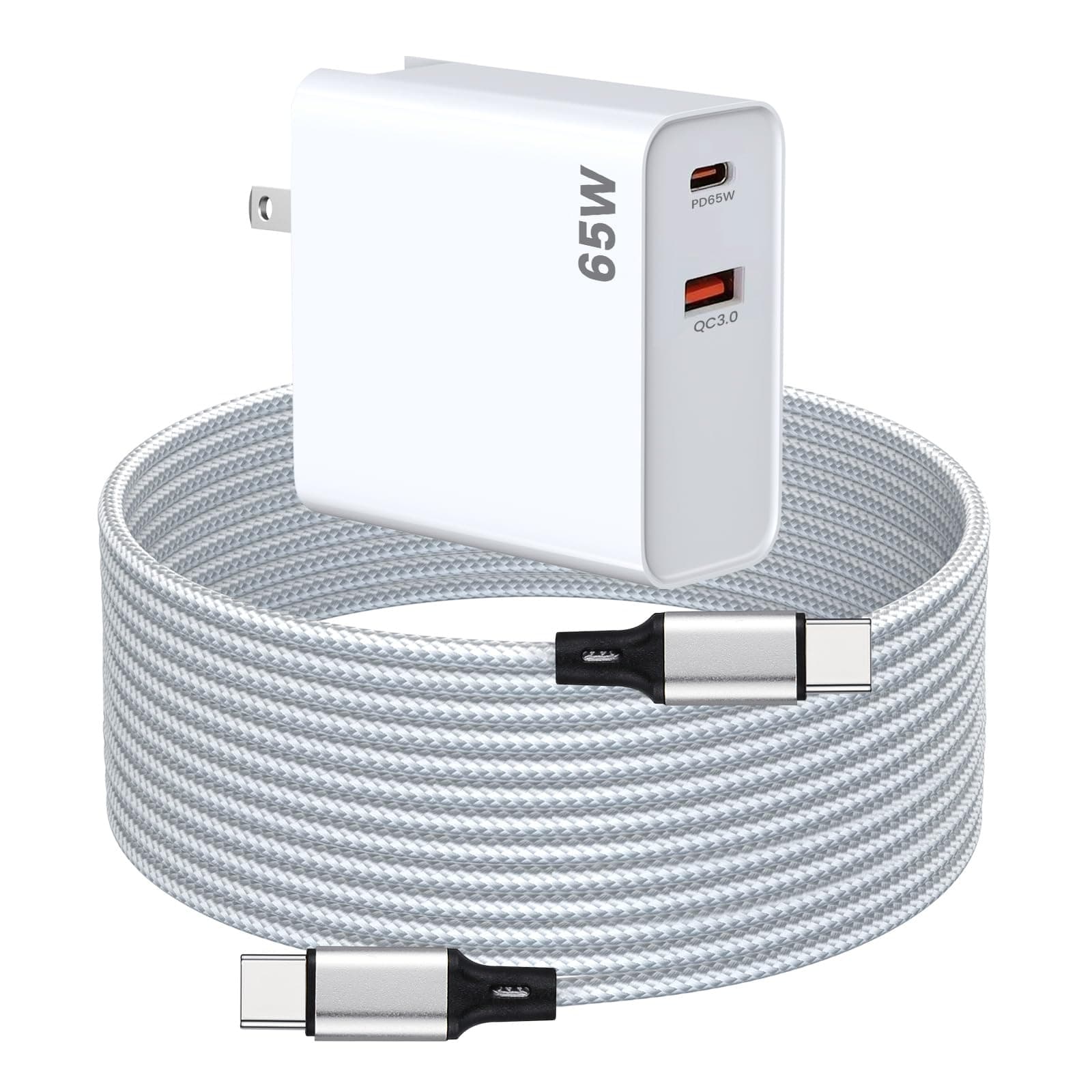 PD 65W USB C Super Fast Charger Compatible with Oculus Quest 3s, Quest 3 - Dual Port USB + Type C Adapter with 6.6ft C to C Charging Cable for Meta Quest 2 and Pico 4 Ultra VR Headsets