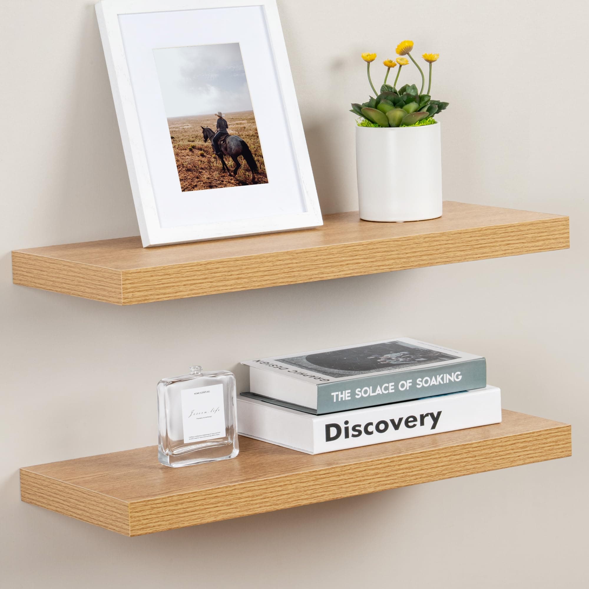 Fun Memories Deep Floating Shelves, 9.3 Inch Deep Rustic Floating Shelves Set of 2, 24 Inch Large Oak Wood Wall Mounted Shelves for Books Living Room Laundry Room Bedroom Kitchen Home Office