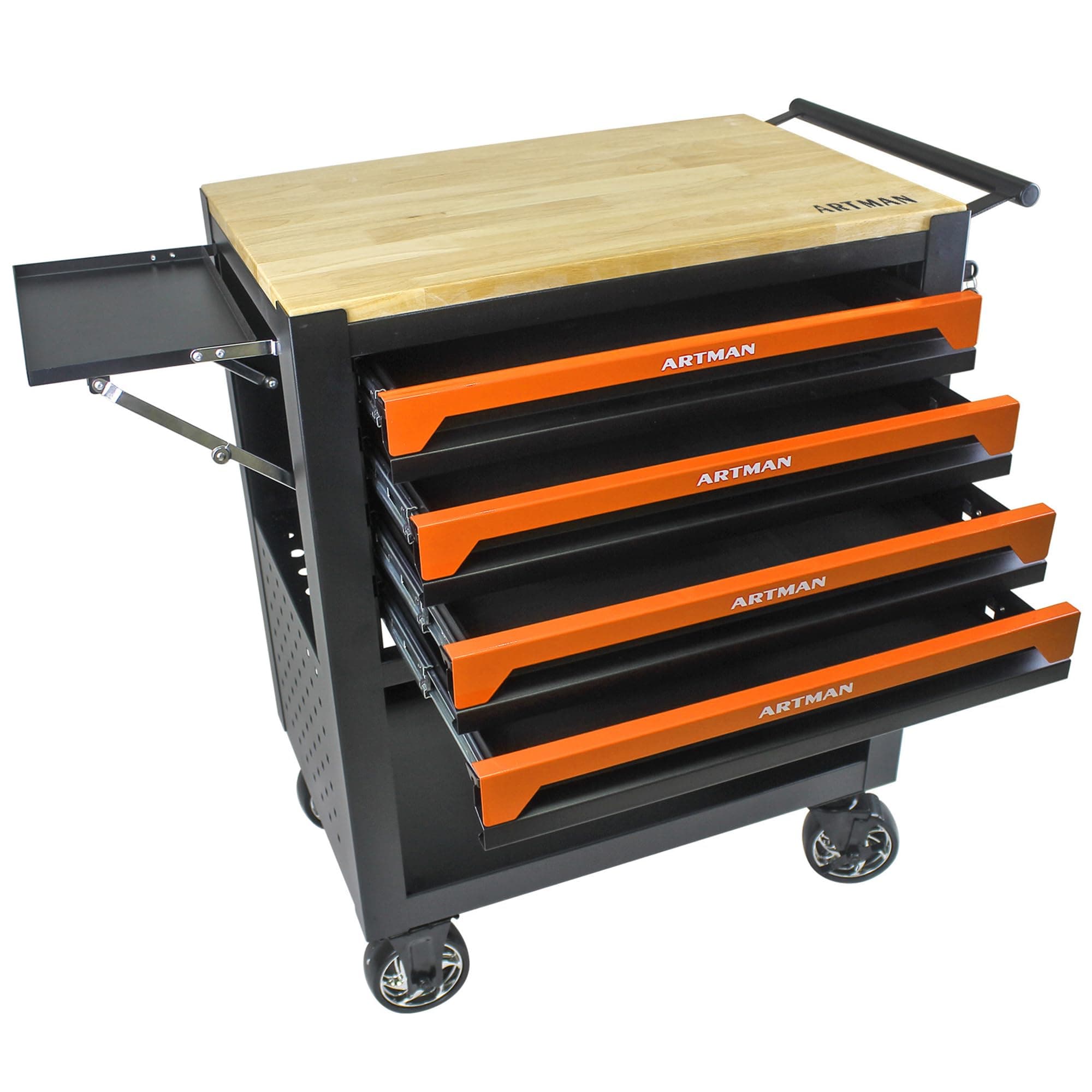 Campfun 4 Drawers Tool Box with Wheels Rolling Tool Cart with Drawers, Workbench Tool Box, Wooden Top Tool Boxes, Metal Multifunction Tool Cart for Garage, Warehouse, Repair Shop, Orange