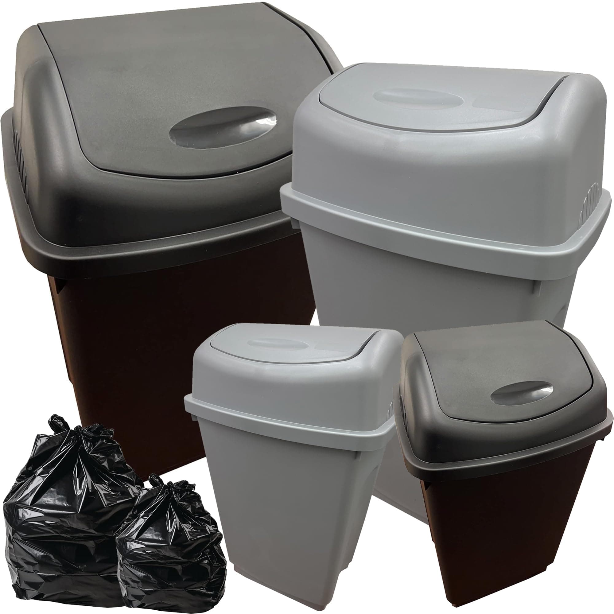 STORM TRADING GROUP Black or Silver Plastic Swing Bin Waste Recycling Dustbins Kitchen, Office, Bathroom, Rubbish & Trash Refuse Bins (Silver, 1 x 50 Litre Bin)