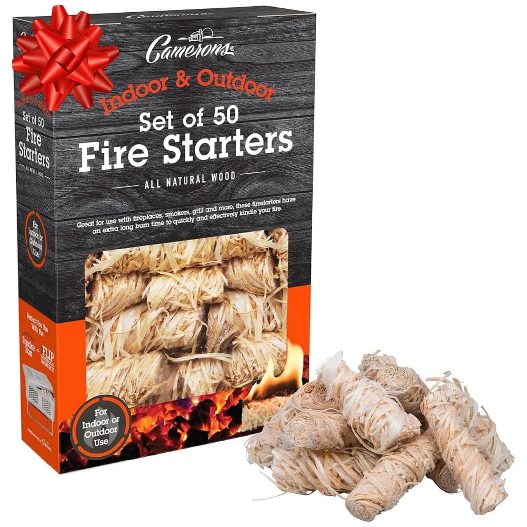 CameronsAll Natural Firestarters (50 Pack) Unique Design Lights Quick & Easily w No Flare Up - Indoor Outdoor Use for Barbecue Grill, BBQ Charcoal, Campfire, Fireplace, Pellet Stove, Firewood & More