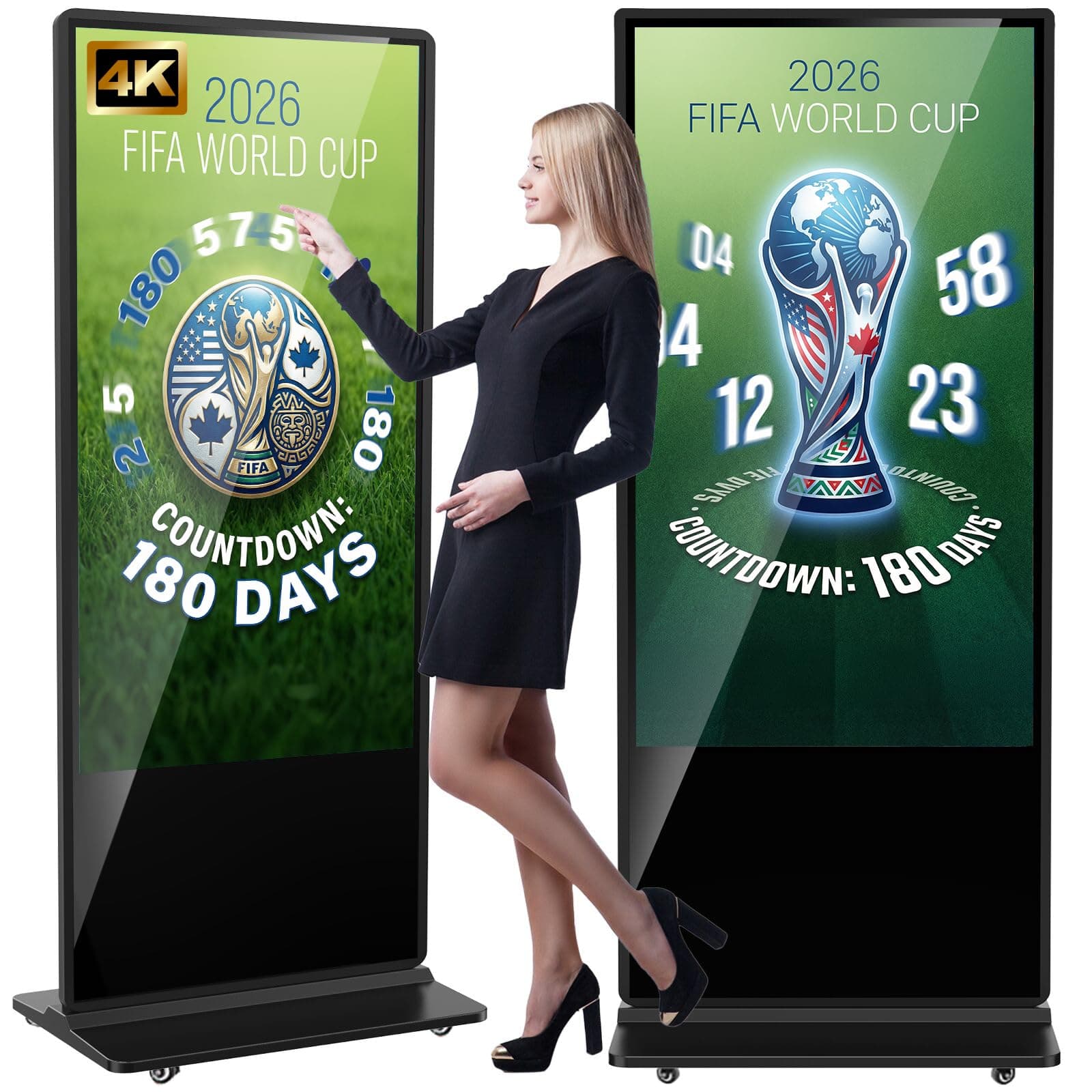 – 43/49/55/65 Inches Digital Signage Display, Freestanding Digital Poster with 4 Wheels, LCD Commercial Advertising Display Ideal for Retail, Restaurants & Shopping Malls, Black, Touchscreen