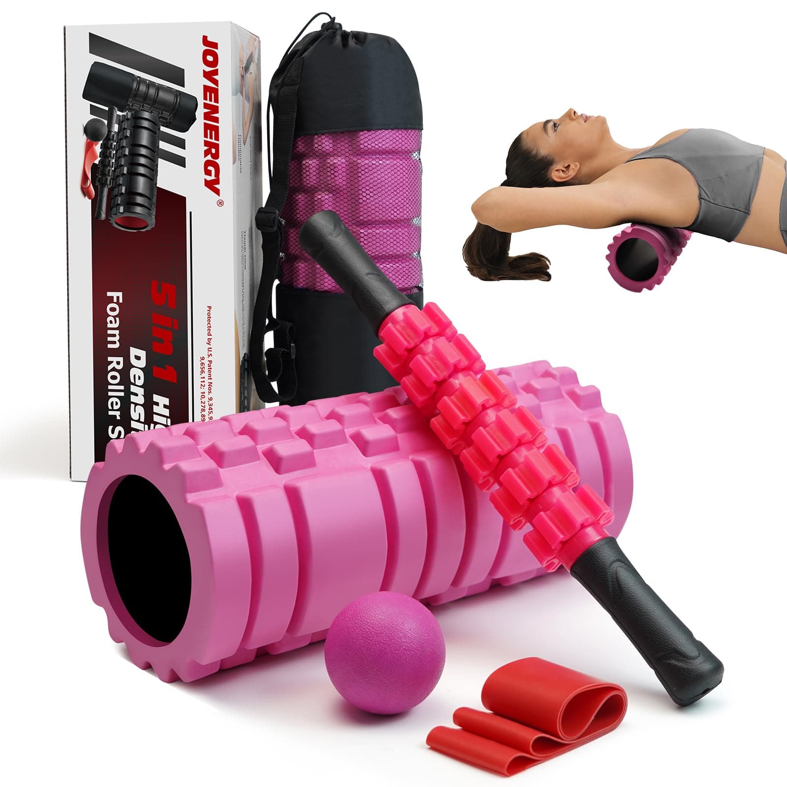 5 in 1 Foam Roller Set, Trigger Point Foam Roller Patented, Massage Stick, Massage Ball, Resistance Band for Deep Muscle Massage Pilates Yoga, Fitness Exercise for Whole Body