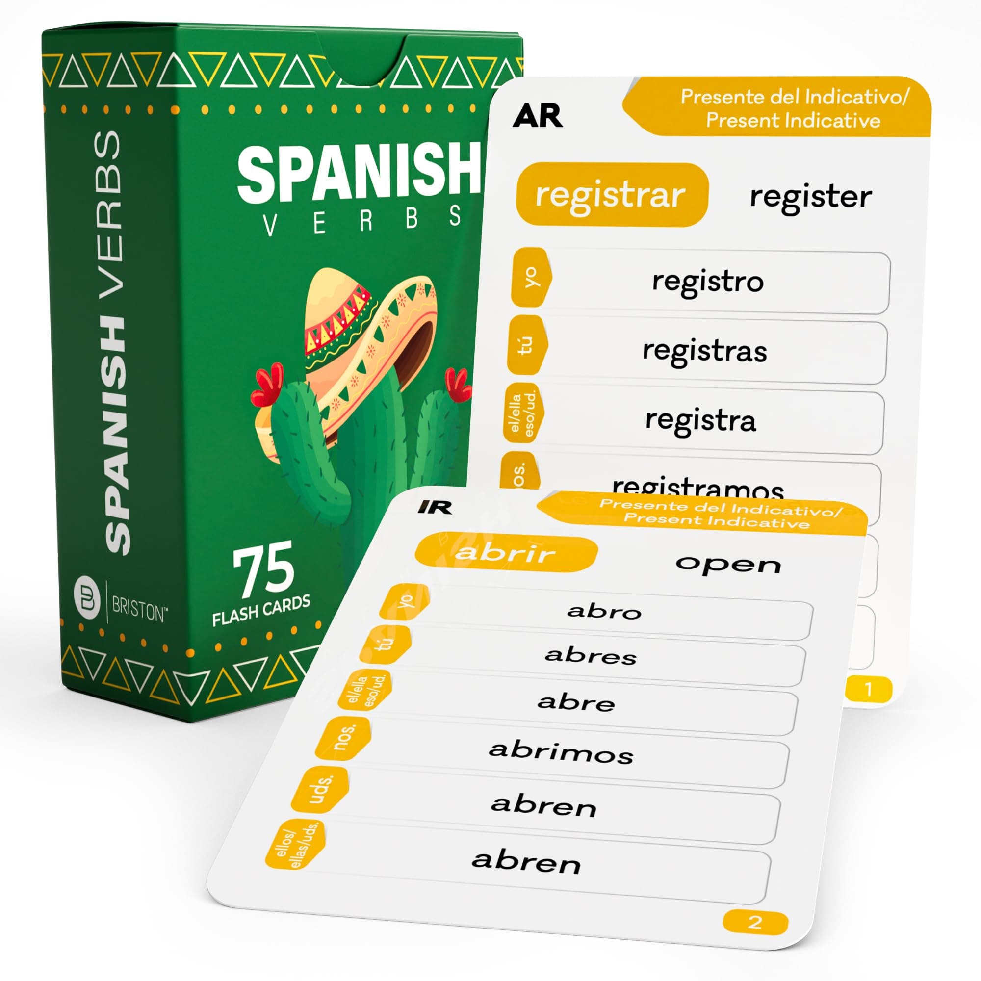 Briston Spanish Verbs Flash Cards – 75 Double-Sided Cards Featuring 150 Common Verbs with Audio Access & Grammar Guide, Language Learning Tool for Students, Homeschool & Classroom Study