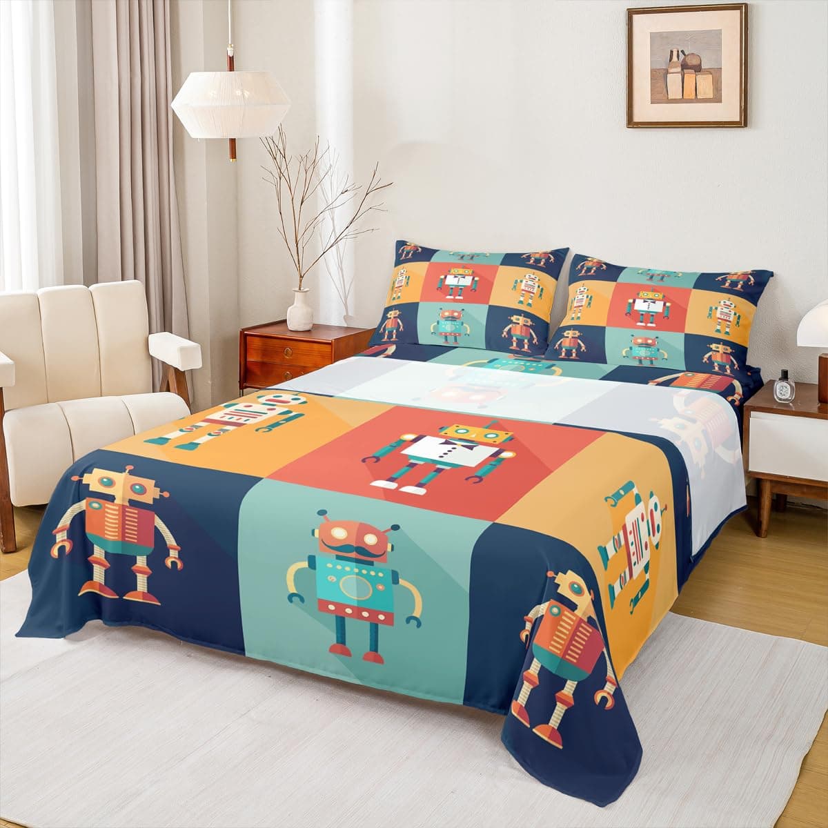 Robot Bed Sheets Twin,Space Robot Decor Bedding Set For Boys Kids Bedroom,Patchwork Transformer Futuristic Machine Bed Sheet Set Colorful Cartoon Retro Fitted Sheet + Flat Sheet + 1 Pillow Case