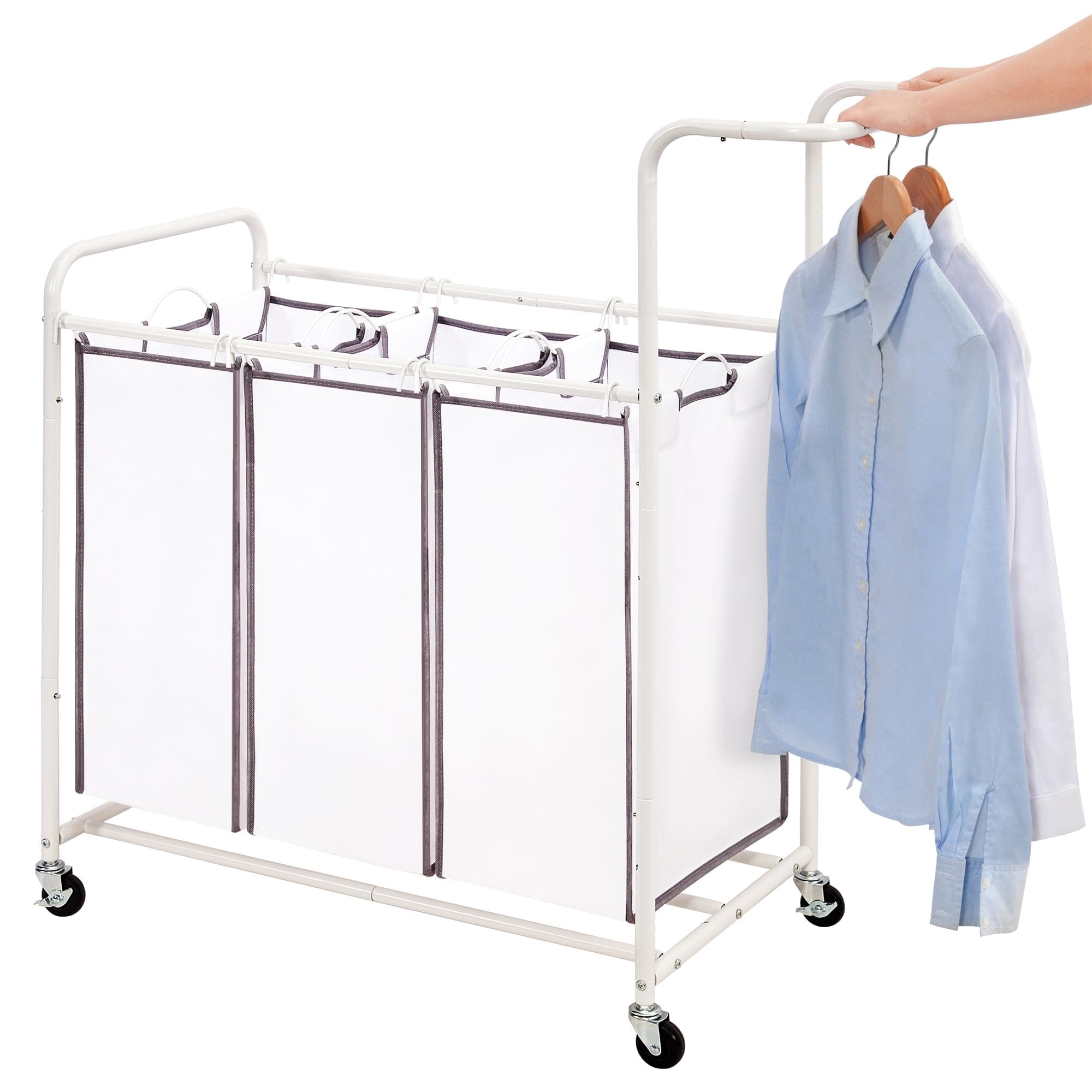 STORAGE MANIAC 3 Section Laundry Sorter, 3 Bag Laundry Hamper Cart with Heavy Duty Rolling Lockable Wheels and Removable Bags, Laundry Organizer Basket Clothes Separator Hamper, White