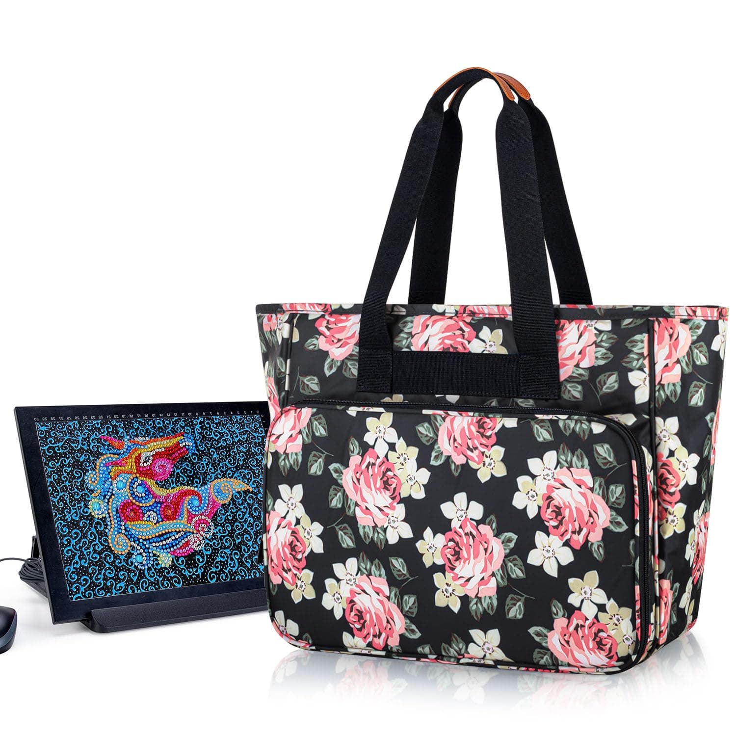 Yarwo Diamond Painting Storage Bag A4 Light Pad Case with Padded Sleeve for Diamond Art Supplies and LED Copy Board, Black Peony (PATENTED DESIGN)