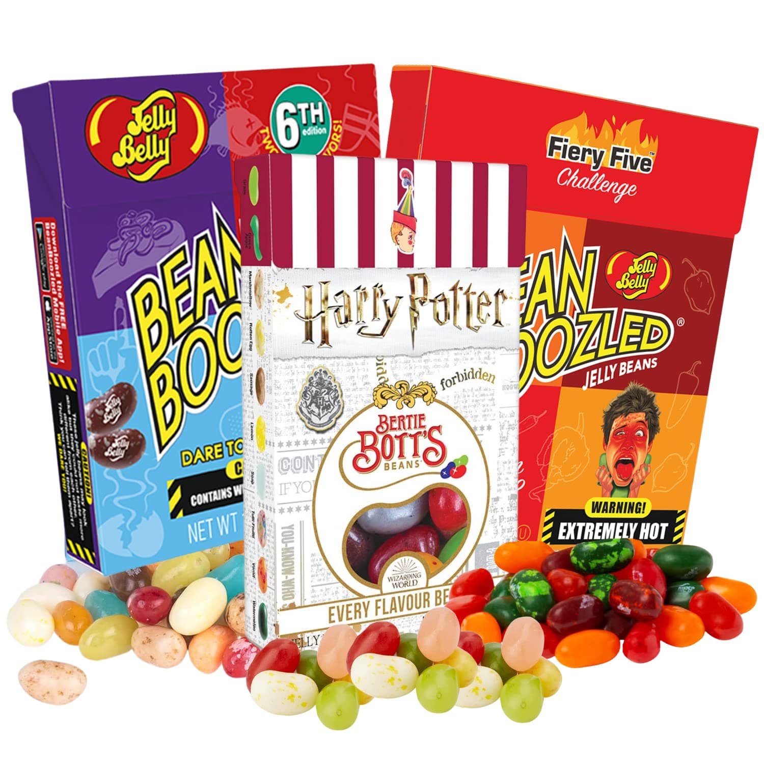 Bean Boozled, Bertie Botts, and Fiery Five 6th Edition Assorted Flavor Jelly Beans, Individually Boxed Weird Flavored Chewy Candies, Refill Boxes for Dispensers and Spinner Challenge Games, Set of 3, 1.5 Ounces