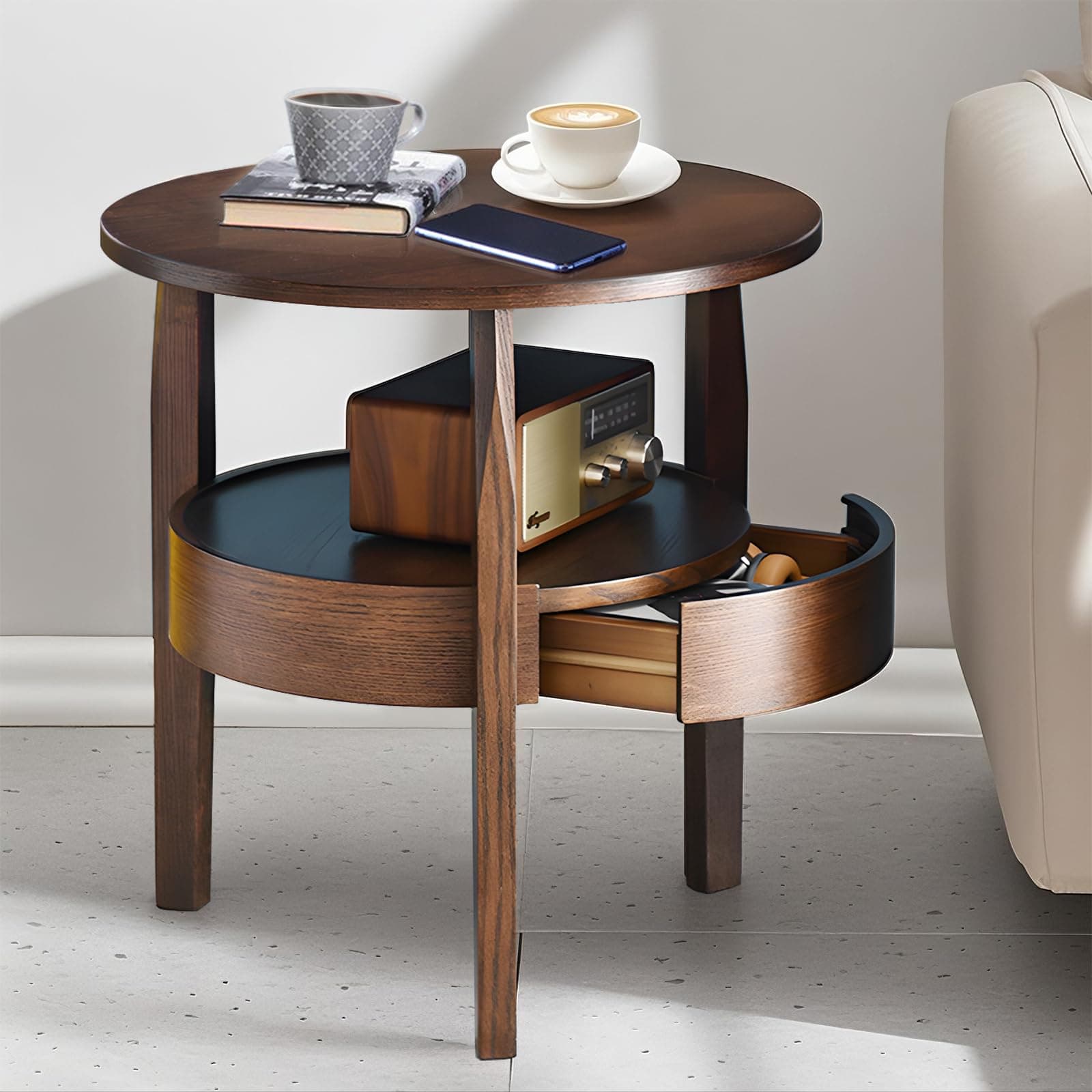 Round Coffee Table with Storage and Hidden Drawer - 20" D x 20" H Natural Wood Side Table with Sliding Drawer, Small Coffee Table for Living Room, Round Nightstand with Drawer, Dark Brown