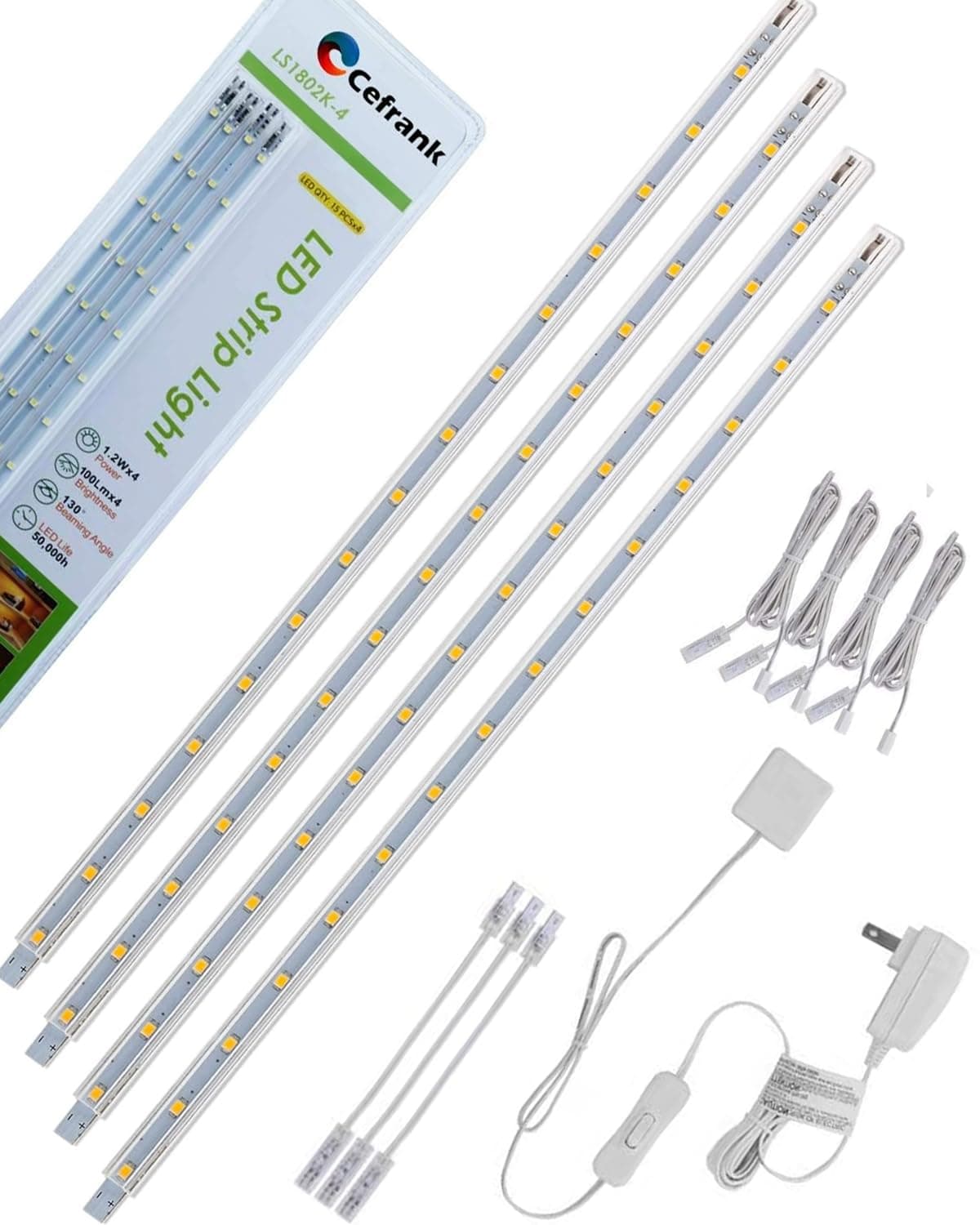LED Display Light Bar Kit - (4) 16inches Plug-in Linkable Strip Lights for Large Display Cabinet - Series + Parallel Connection - White 6000K