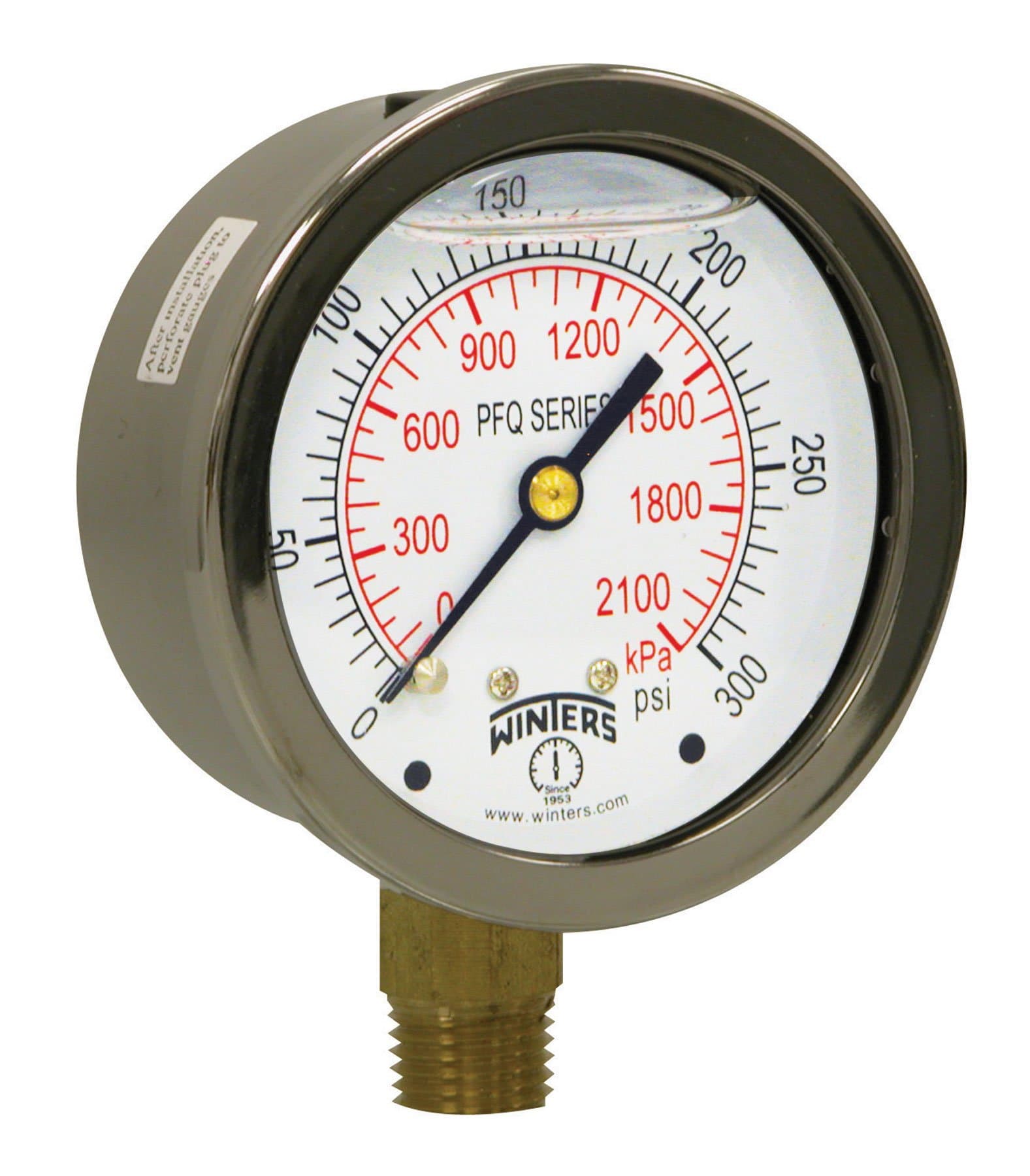 Winters 2-1/2" Dial Size, Liquid Filled Industrial Pressure Gauge, Brass Internals, 304 Stainless Steel Case, Dual Scale 0-300 psi/kPa, 1.5% Acc, 1/4" NPT Bottom Mount, Glycerin Filled Pressure Gauge