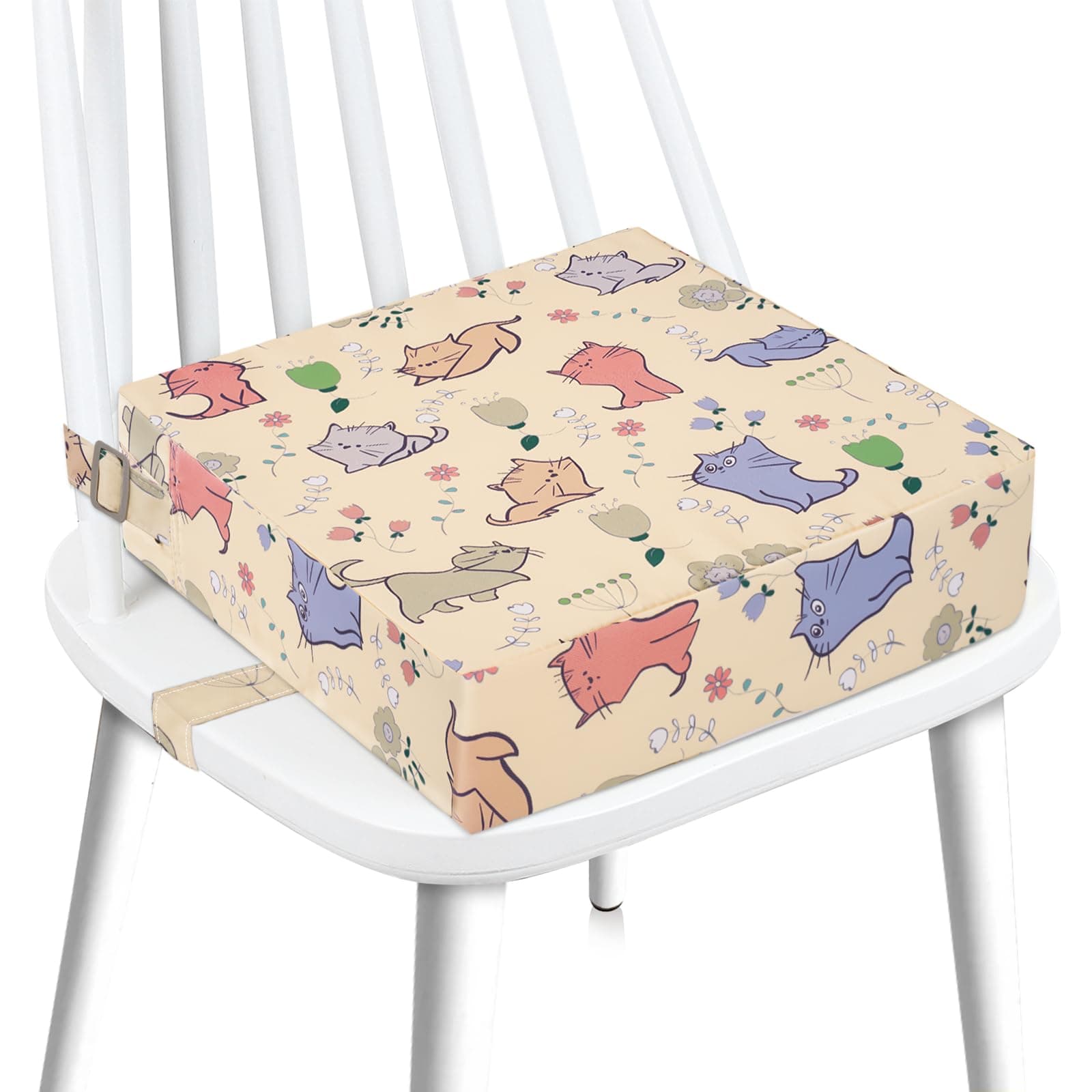 Booster Seat for Dining Table, Stronger Support Double Safe Straps Booster Seat for Kitchen Chair, Non-Slip Bottom Portable Travel Chair Cushion for Kids (Beige Cat)