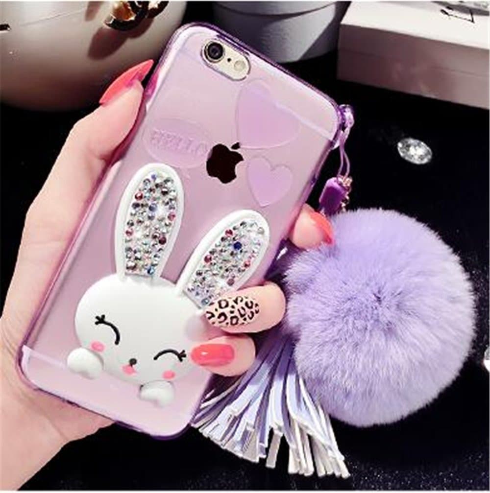 iPhone 7 Plus Case with Chain,Cute Lovely Bunny Rabbit Silicone Soft Case Cover for iPhone 7 Plus 5.5 inch with Fur Ball (Purple)