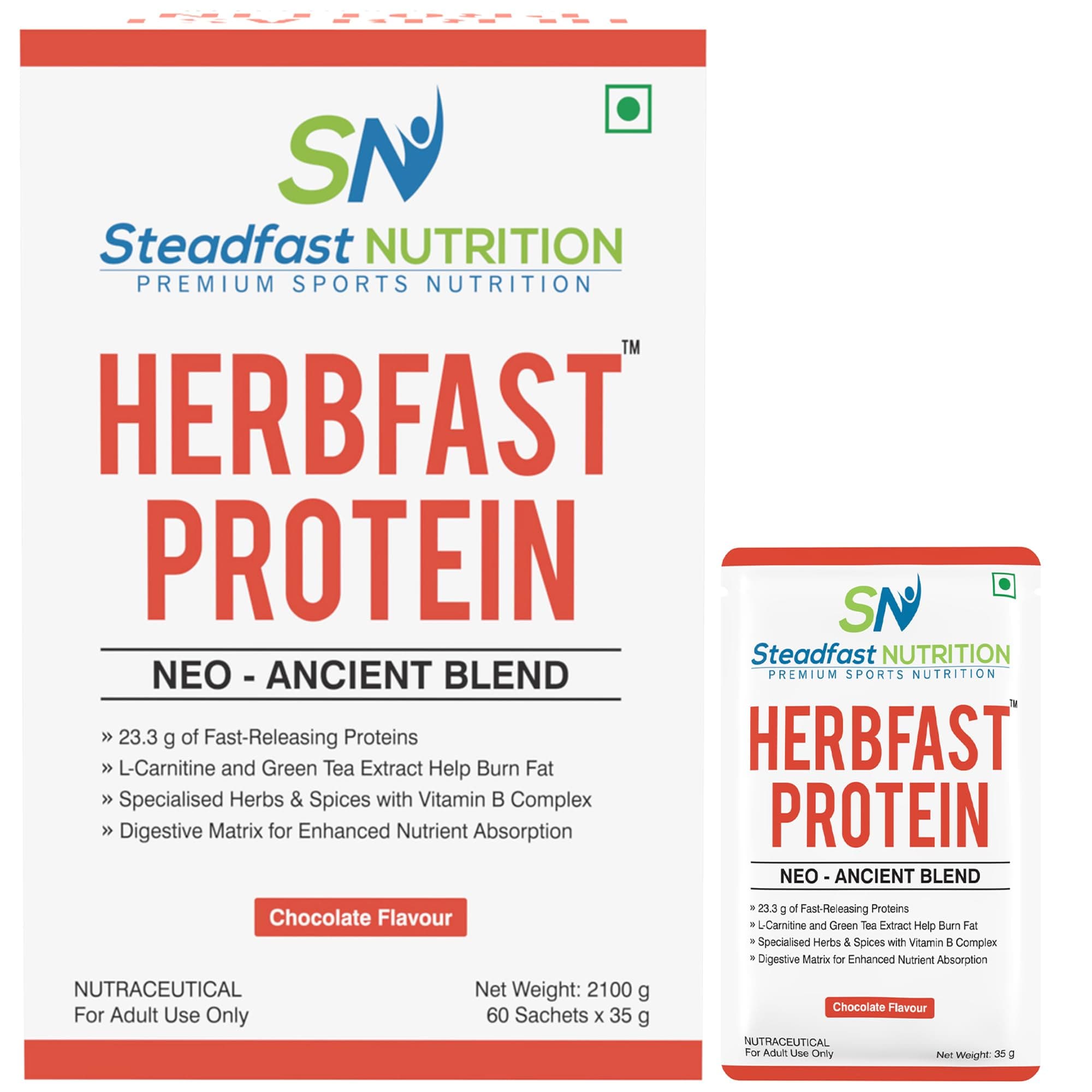 Steadfast Nutrition Herbfast Whey Protein | Fast-release whey proteins for lean muscle growth, With Ashwaganda, Curcumin, Cinnamon | Chocolate Flavour (60 Sachets) (FREE NEON SHAKER)