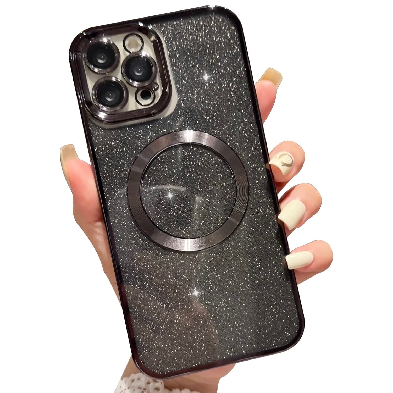 Compatible with iPhone 14 Pro Max Case,Luxury Magnetic Glitter Plating Bling Sparkle Shiny Bumper with Camera Protector Back Cover，Compatible with MagSafe for Women Girls-Black