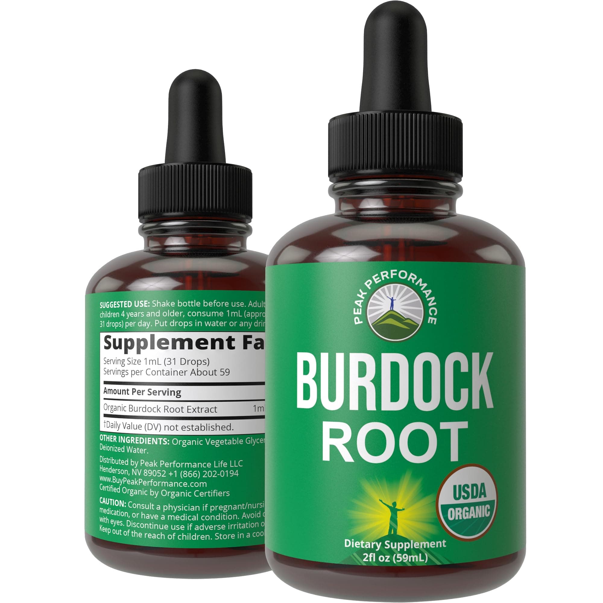 Peak Performance USDA Organic Burdock Root Liquid Drops Supplement - Vegan Extract Oil Herb Tincture for Women and Men - Zero Sugar, Gluten Free, Non-GMO Supplements - 2 fl oz