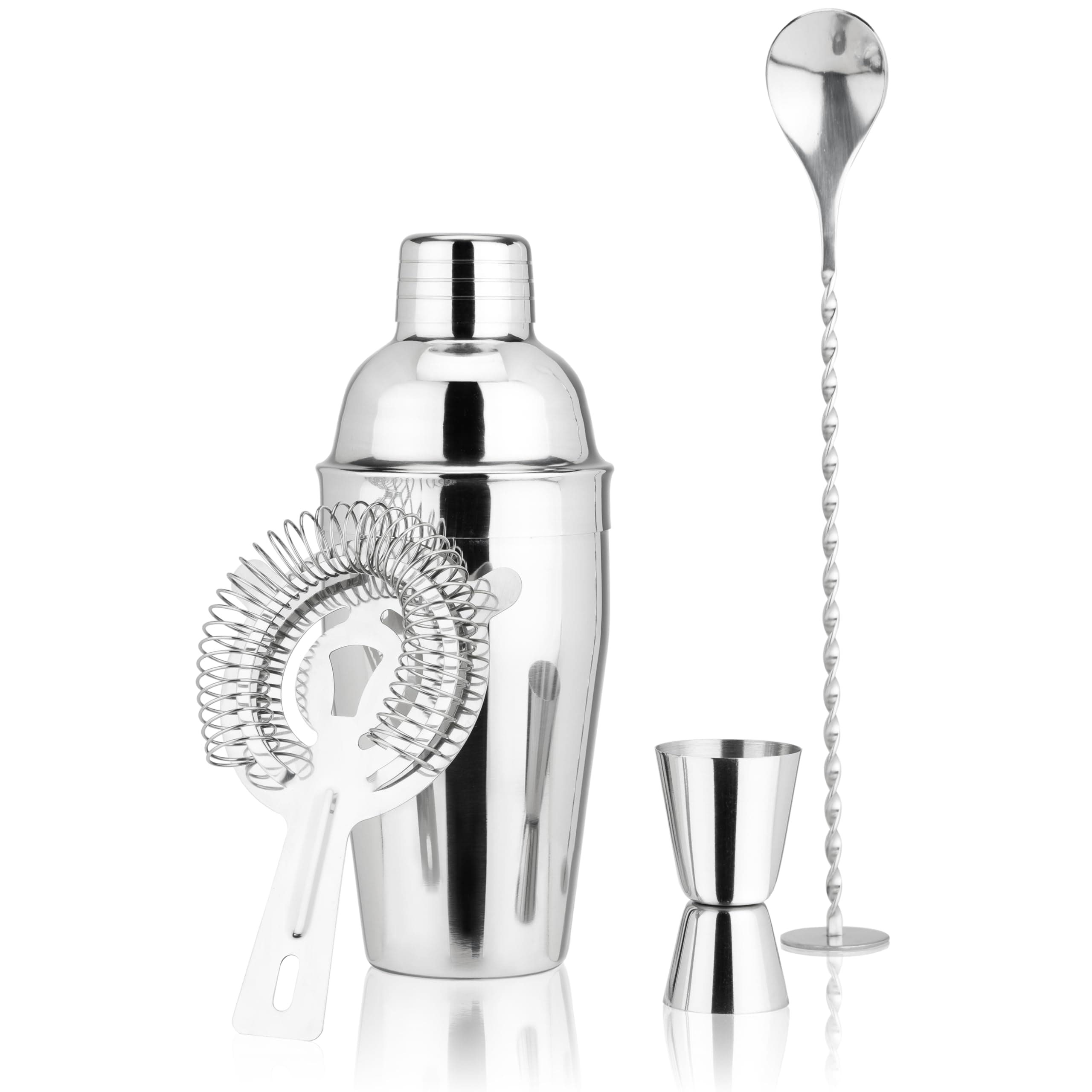 True 4-Piece Cocktail Shaker Set Includes Cobbler Shaker, Strainer, Jigger, Bar Spoon for Classic Cocktails, Mixed Drinks, Cold Brew, Home Bar Tools, Bartender Gifts, Bar Cart Accessories, Silver