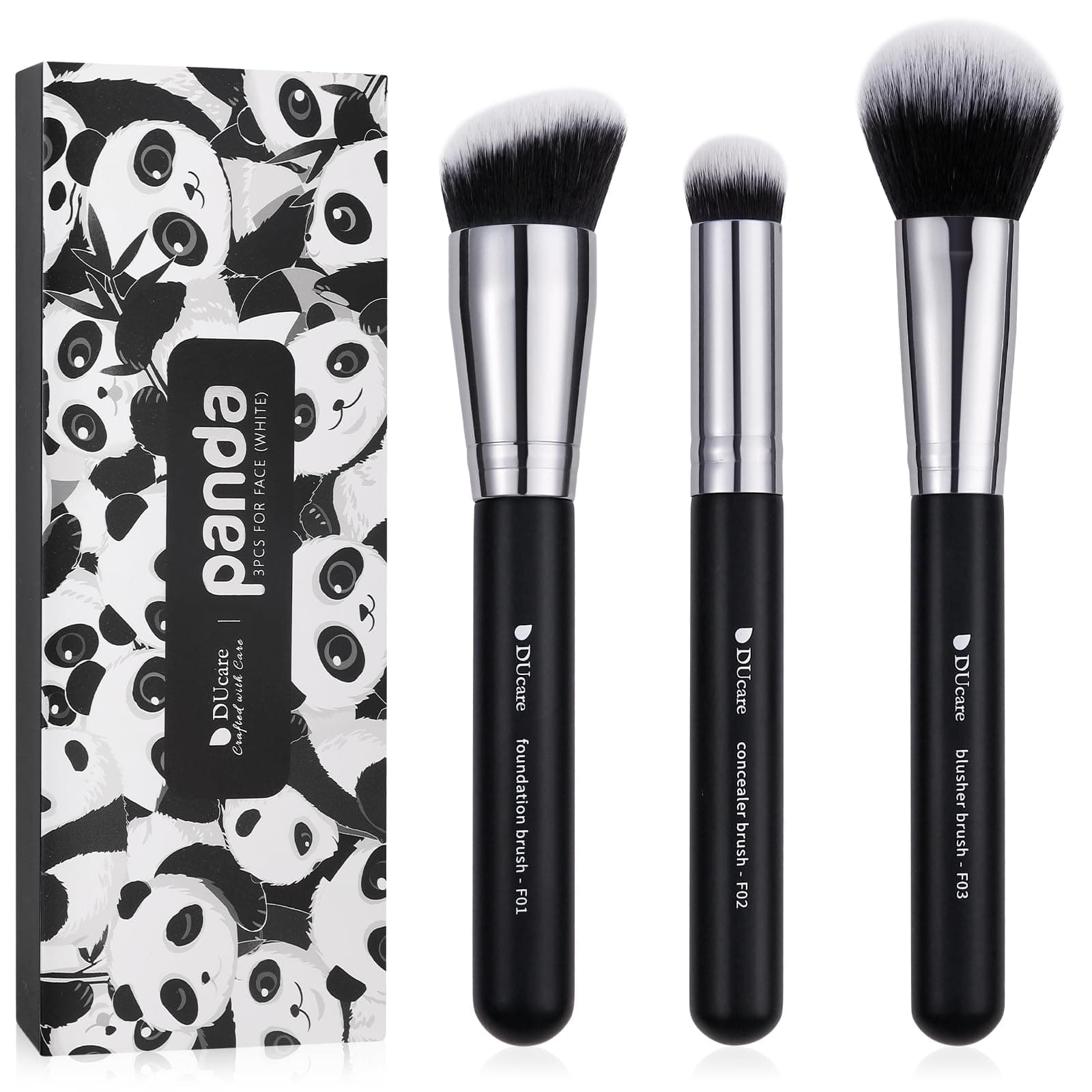 DUcare 3PCS Face Base Makeup Brush Kit - For Foundation, Concealer, Blusher Powder, Works With Liquid, Cream & Powder Products, 100% Vegan Soft Dense Bristles, Travel Essential Makeup Brushes (Black)