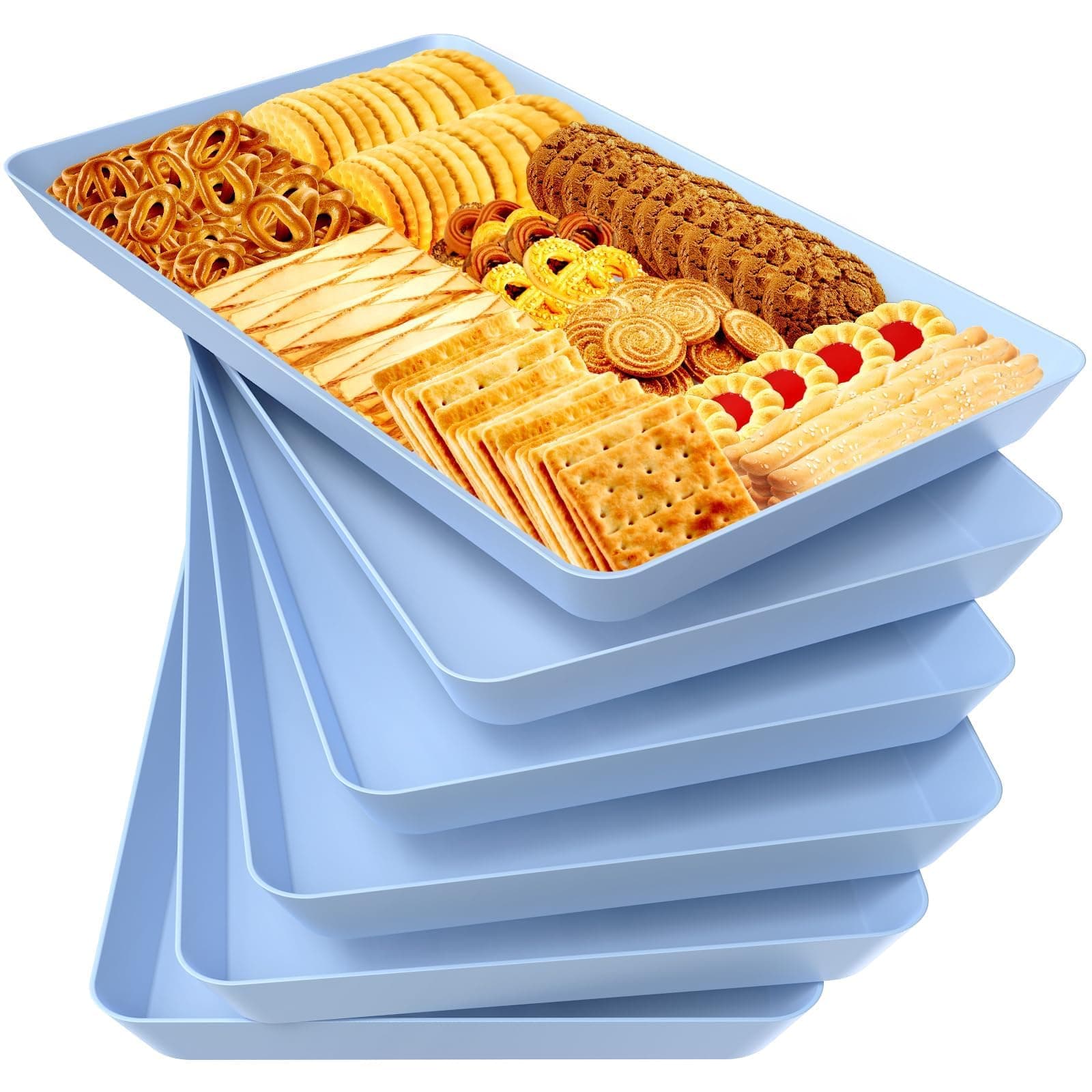 WOWBOX 6 pcs Serving Tray for Entertaining, Serving Platters for Snacks, Fruit, Cookies, Dessert, Reusable Plastic Trays for Serving Food and Pantry Organization in Kitchen & for Parties, (Blue)