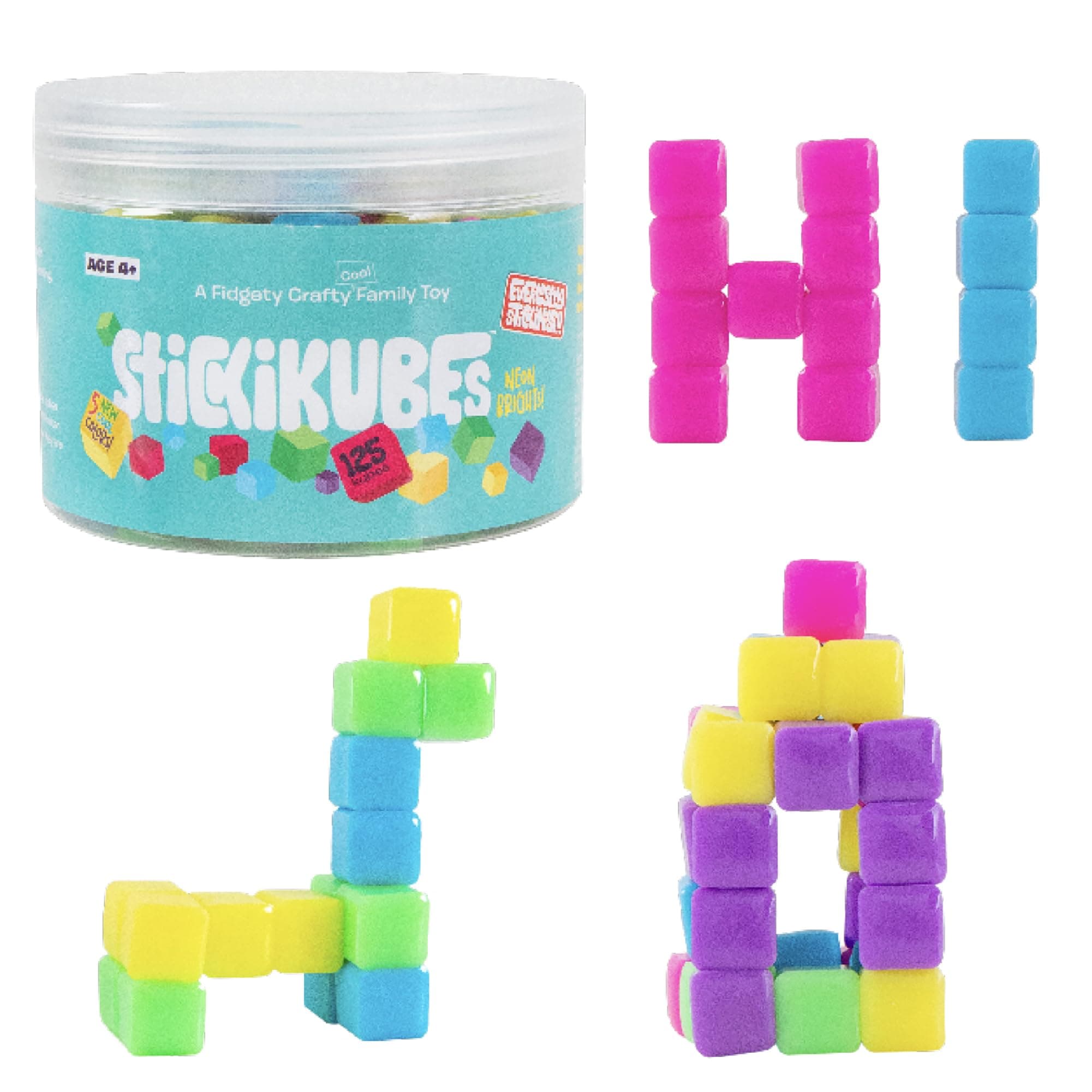 KOMARC GAMES StickiKubes, Mini Stacking Cubes that Stick to Anything, Non Toxic Kid Safe Sticky Blocks, Creative Construction Toy - 125 Cubes, 5 Neon Colors, Tub