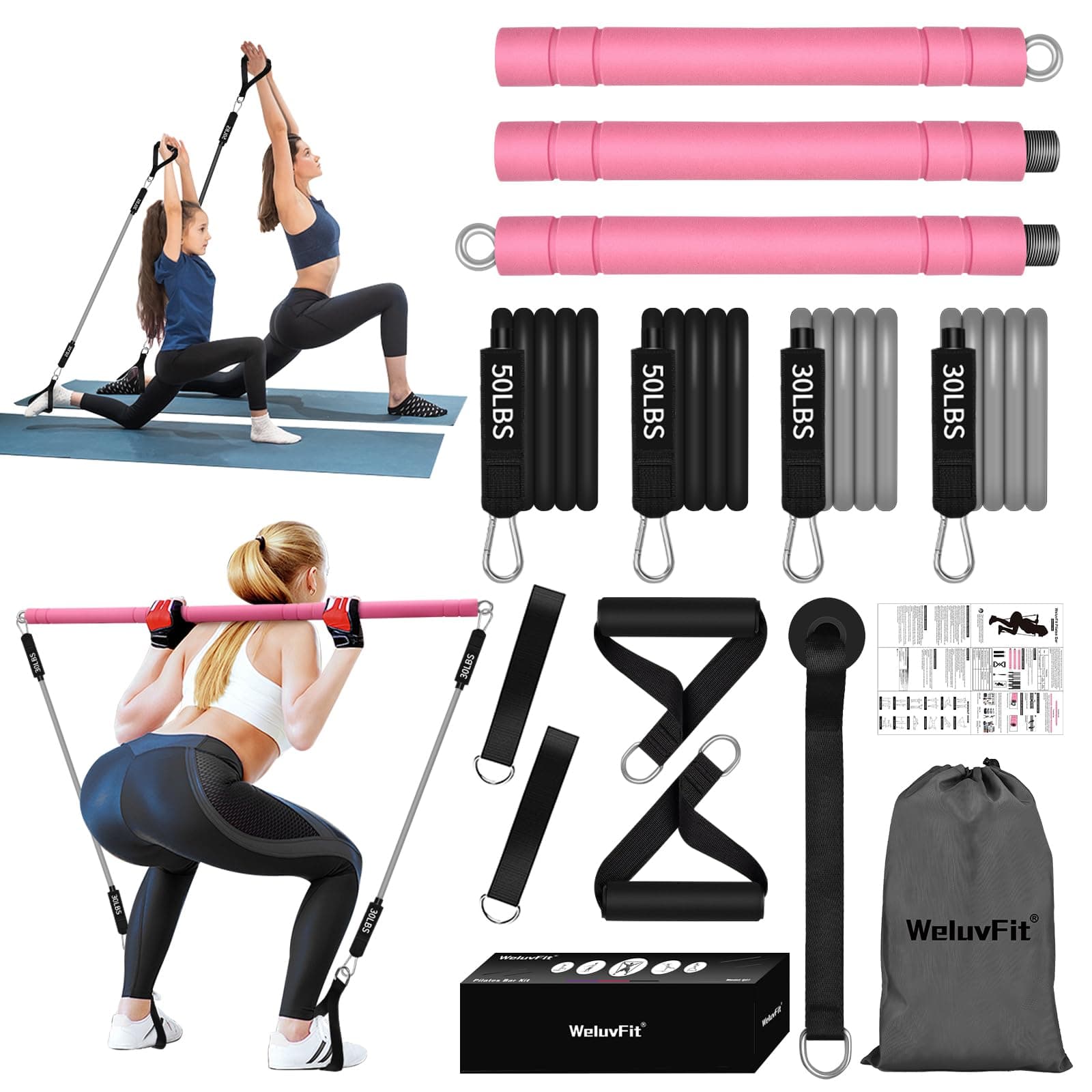 Multifunctional Portable Stackable Pilates Bar Kit with Resistance Bands, Door Anchor for Resistance Bands-Home Gym Equipment with Handles - Pilates Flexbands Supports Full-Body Workouts