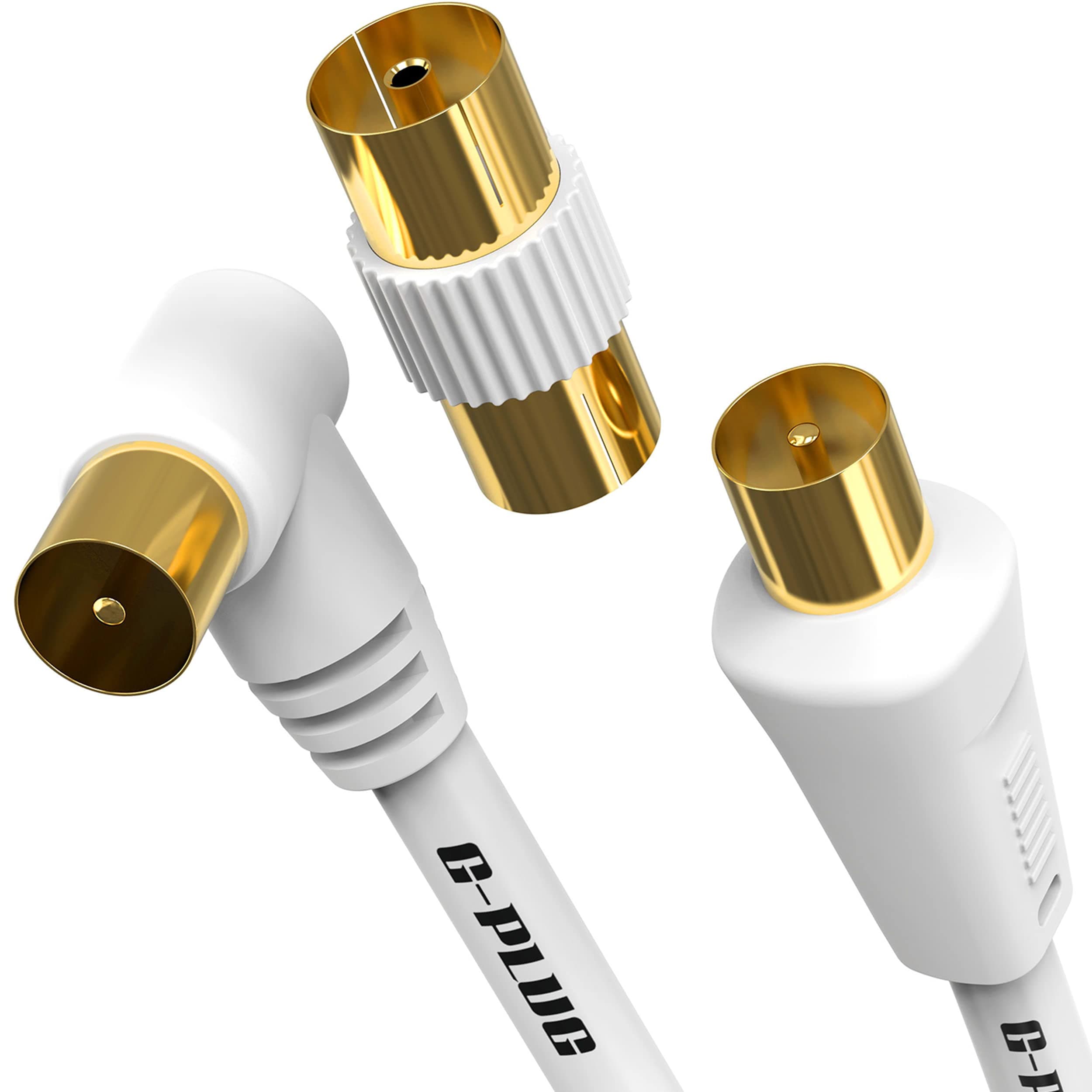 15m TV Aerial Cable with Right Angled Plug + Adapter – Coaxial RF Lead Male to Male – Gold-Plated Connector – Freeview, Freesat, Sky Box, BT, TV Antenna Extension