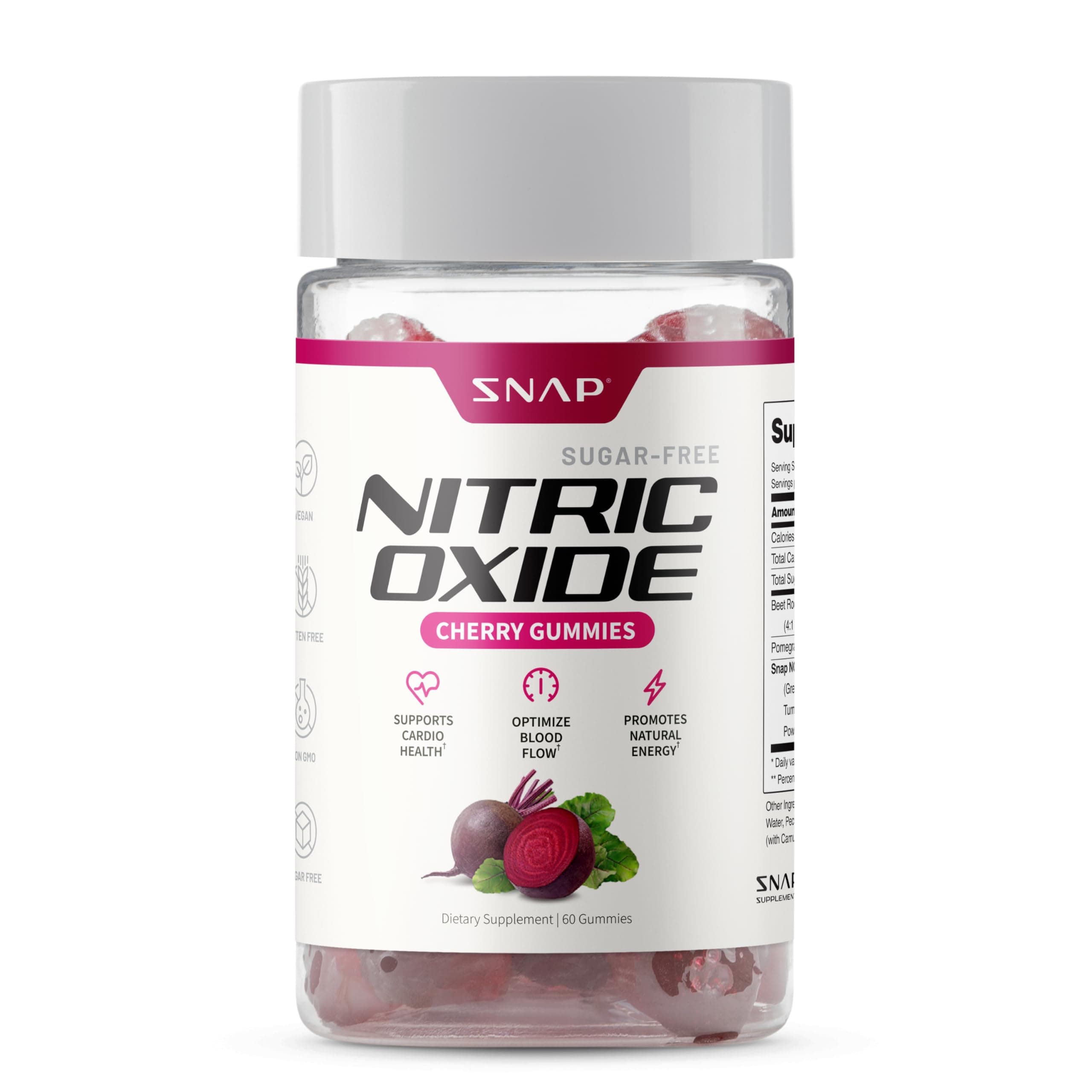 Snap Supplements Nitric Oxide Gummies - Beet Root Extract 300mg, Sugar Free Beetroot Supplement with Pomegranate Powder for Circulation & Natural Energy, 60 Vegan Gummies, Cherry Flavor