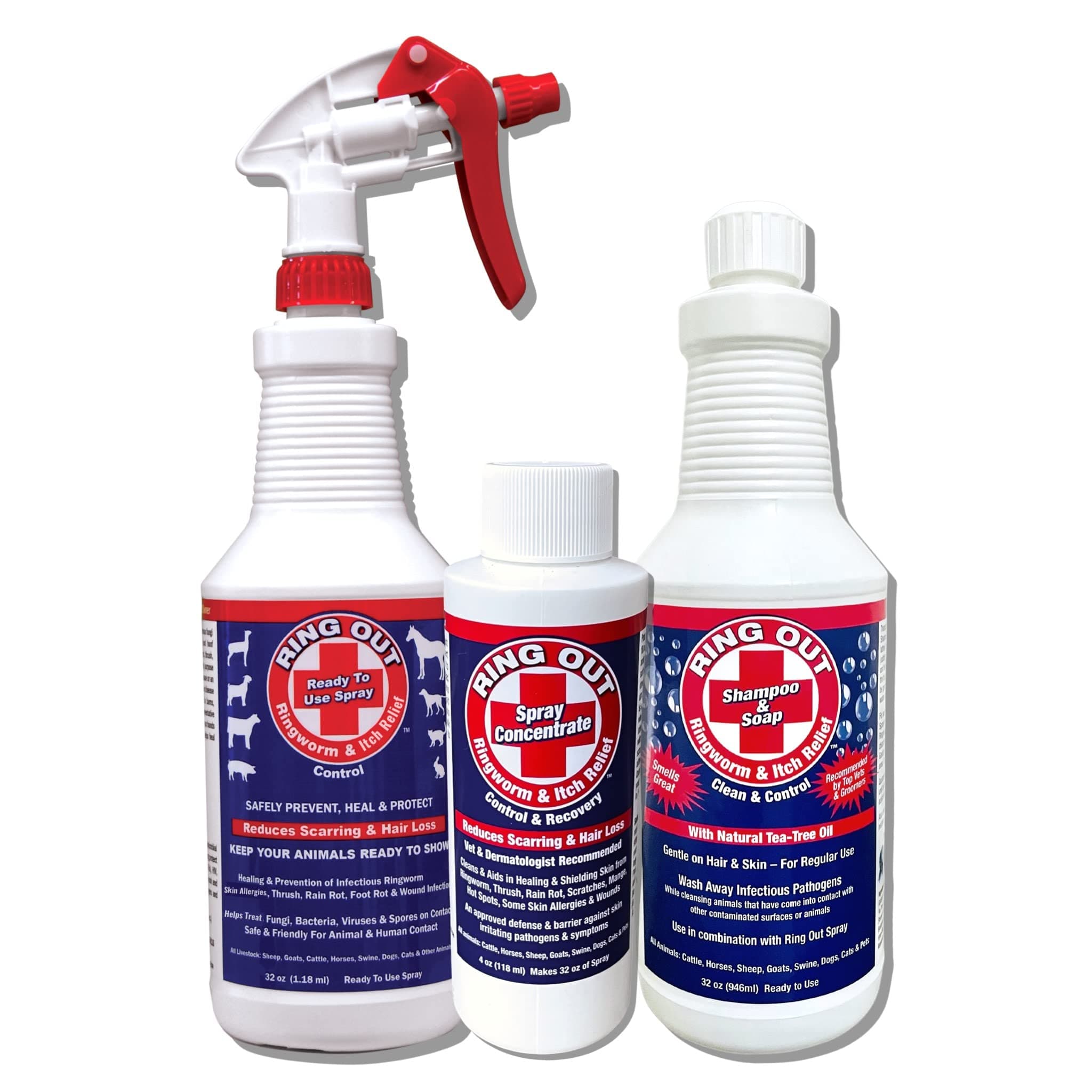 FlexTran Ringworm Prevention Pack for Large and Small Animals - Control and Help Ringworm for Goats, Cattle, Horses, All Pets and Livestock. Ring Out, Ring Out Shampoo and Empty 32 oz Spray Bottle