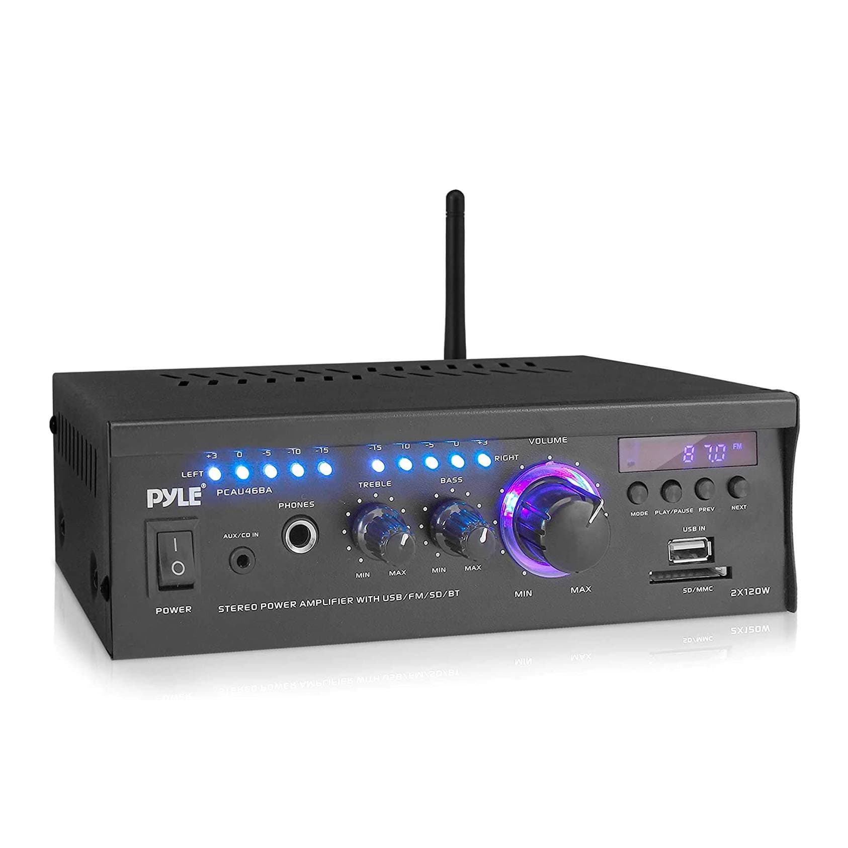 Pyle - 2 x 120W Power Amplifier, Bluetooth Receiver System for Home, with Blue LED Display, USB/SD, AUX, RCA, Headphone Jack, Remote Control